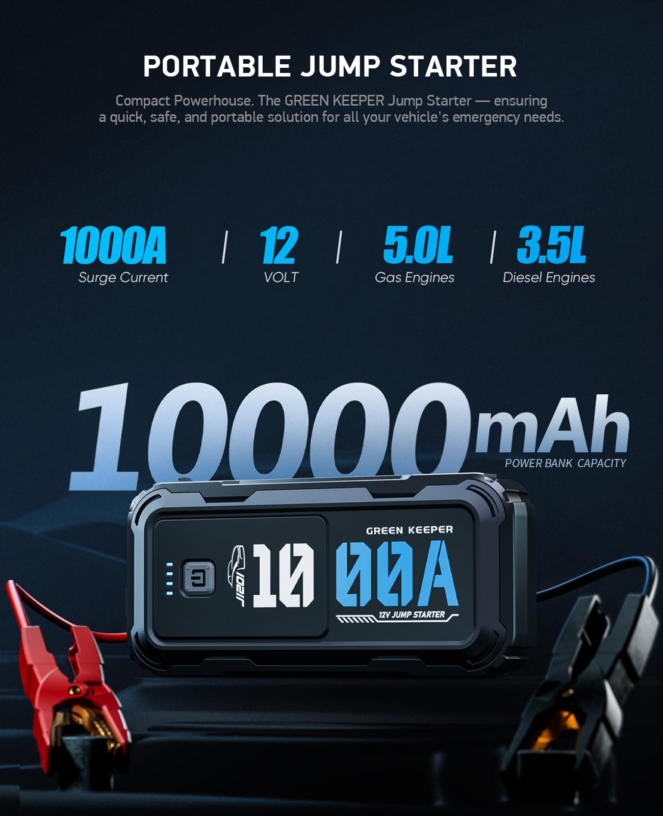 Portable Car Battery Jumper Starter 1000A Jump Box With Power Bank Led Light Protection Case For Car Emergency Kit, 12V Booster