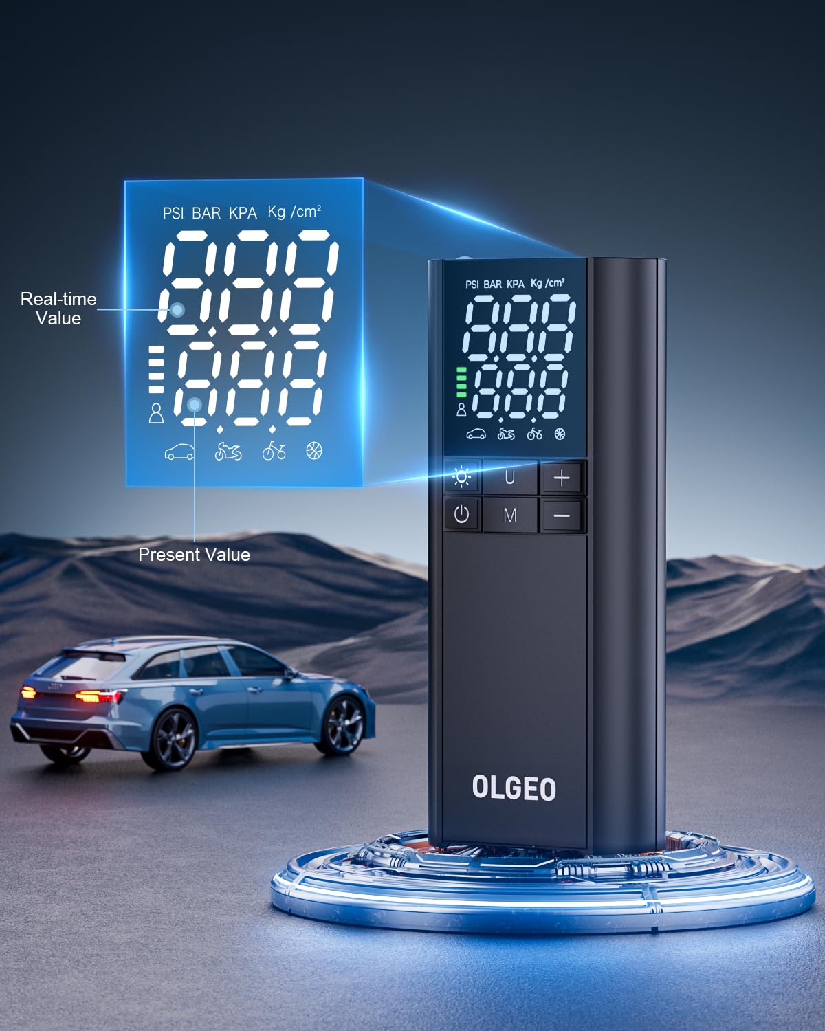 Olgeo Portable Air Compressor, 170PSI Tire Inflator, Black, Model M7, Fast Cordless Pump for Car, Motorcycle, Bicycle, and Ball