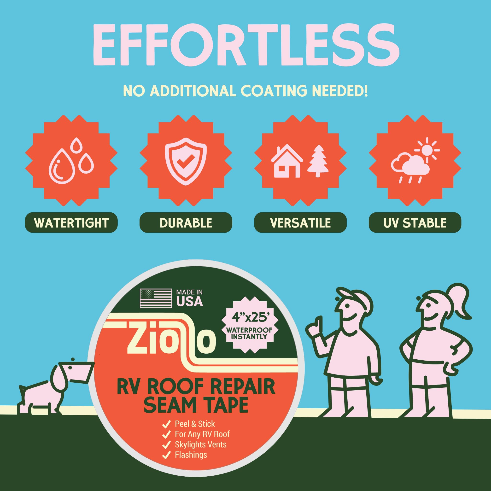 Ziollo Rv Roof Repair Seam Tape With Roller - 4'' X25' Waterproof Tape For Campers, Motorhomes & Trailers - Works On Epdm, Tpo,