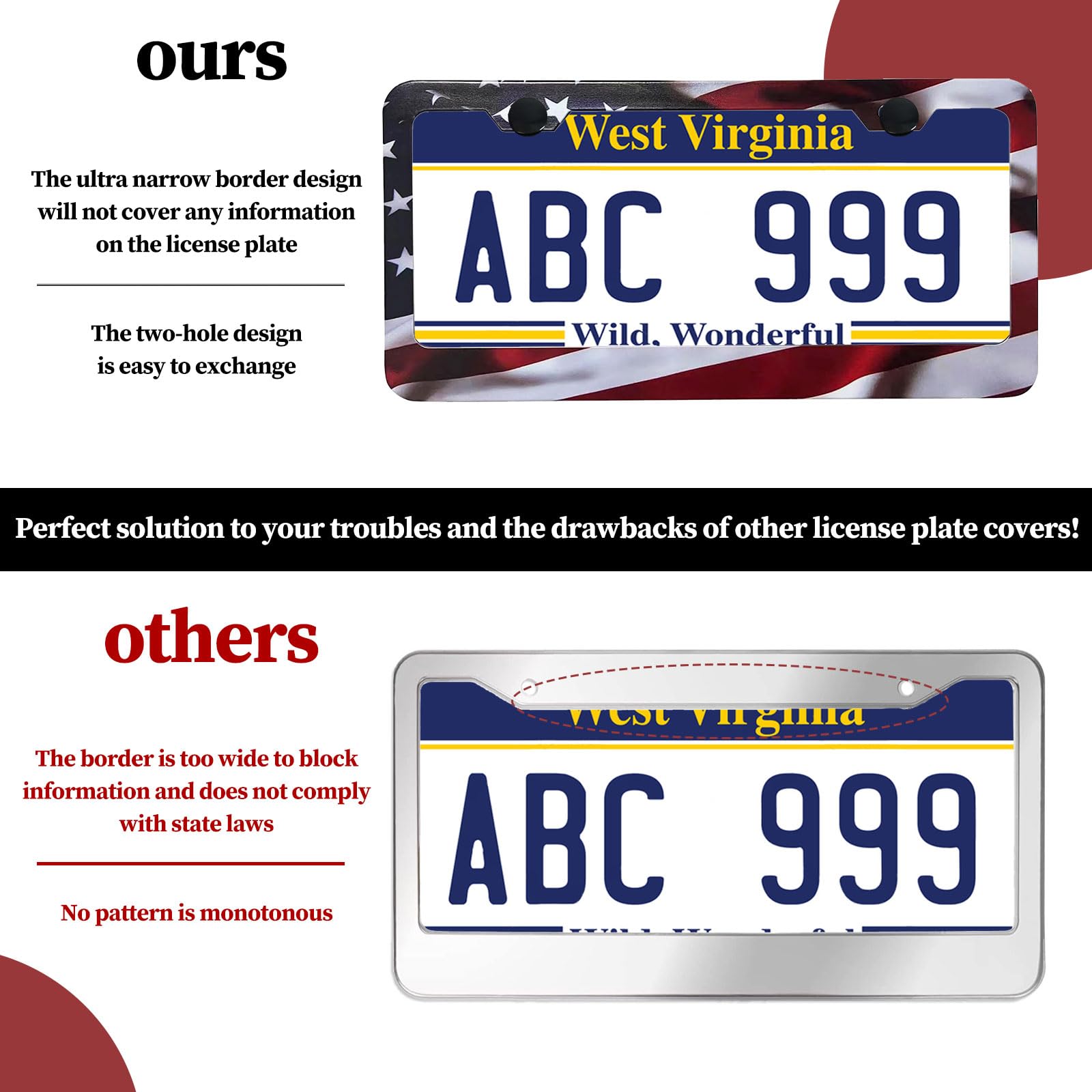 Patriotic American Flag License Plate Frame Holder - 2 Pack Universal Aluminum Matte Stripe Us Flag Gloss Car Plate Frame Covers