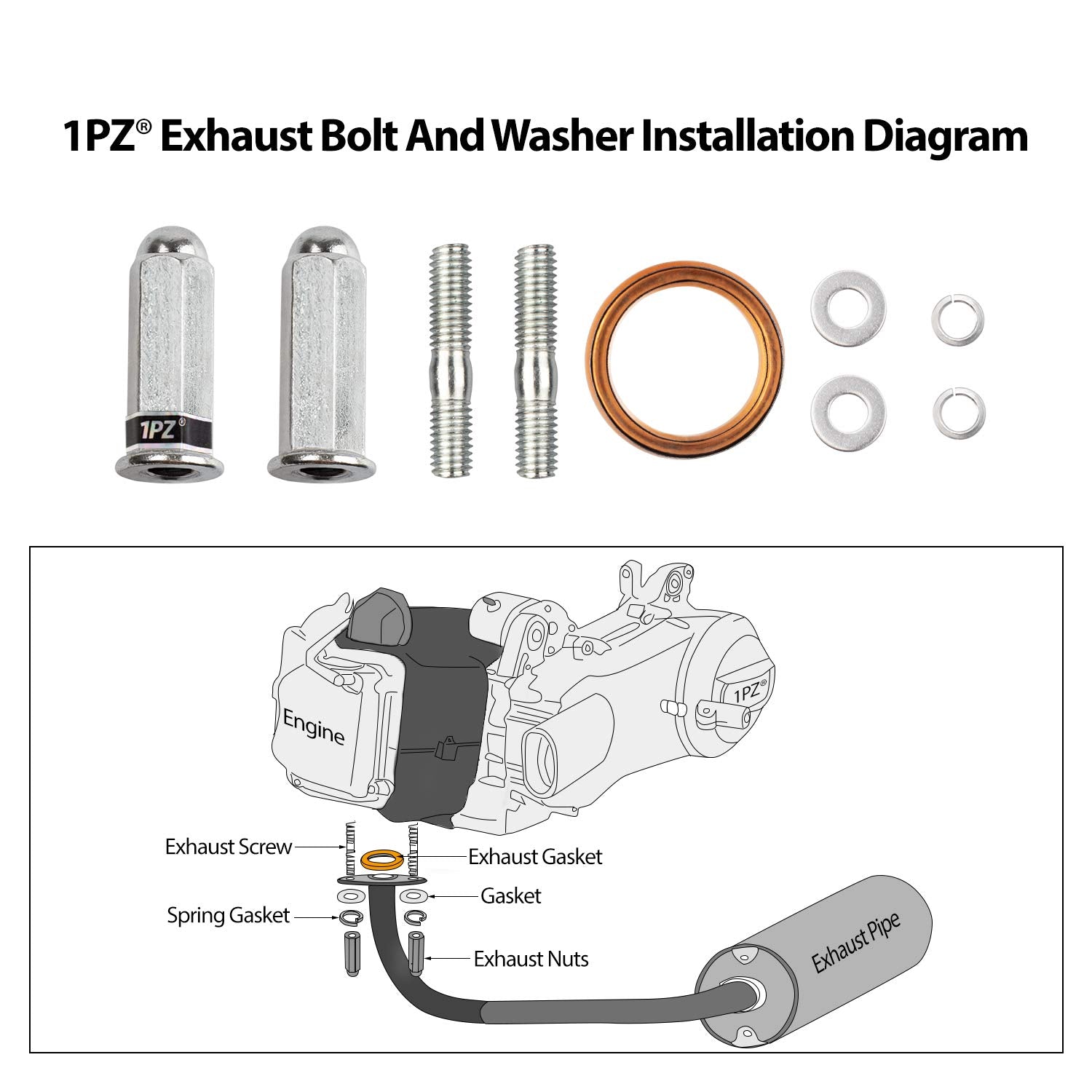 1Pz Ebg-Sl1 Exhaust Bolt And Gasket For Gy6 50 Cc 70Cc 90 Cc 110Cc 125 Cc 150Cc Scooters Atvs Go Karts Moped Quad 4 Wheeler Dune Buggy Sandrail Taotao Sunl Coolster Jonway Roketa (Silver)
