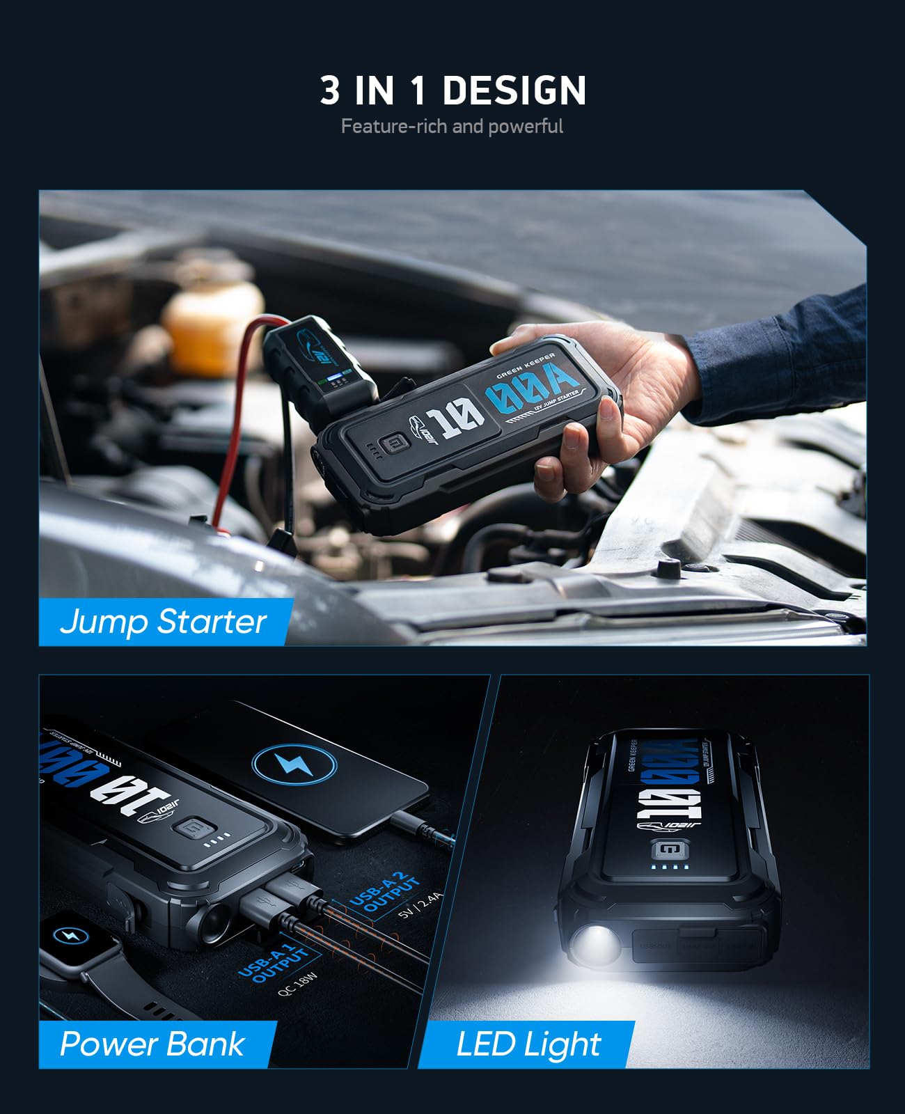 Portable Car Battery Jumper Starter 1000A Jump Box With Power Bank Led Light Protection Case For Car Emergency Kit, 12V Booster