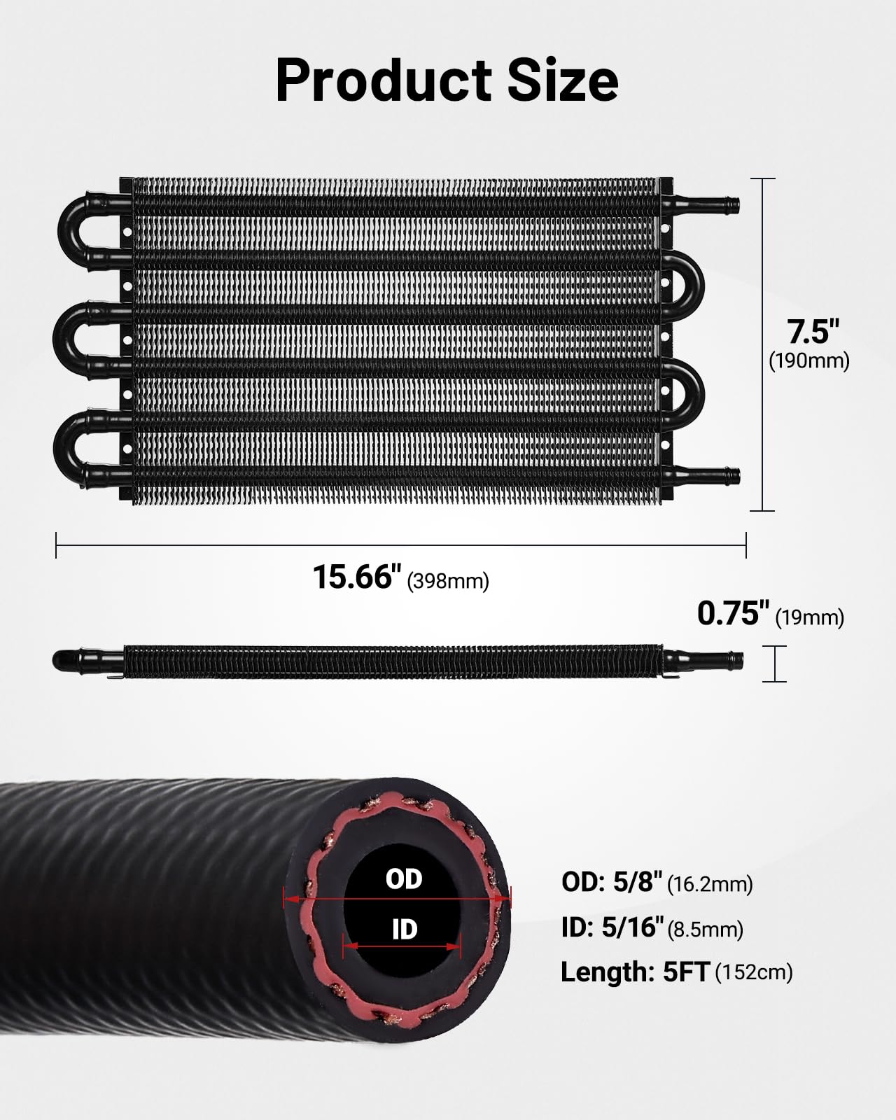 Evil Energy 5/16'' Transmission Oil Cooler, 6 Pass Tube And Fin Cooler Kit Universal Aluminium Black