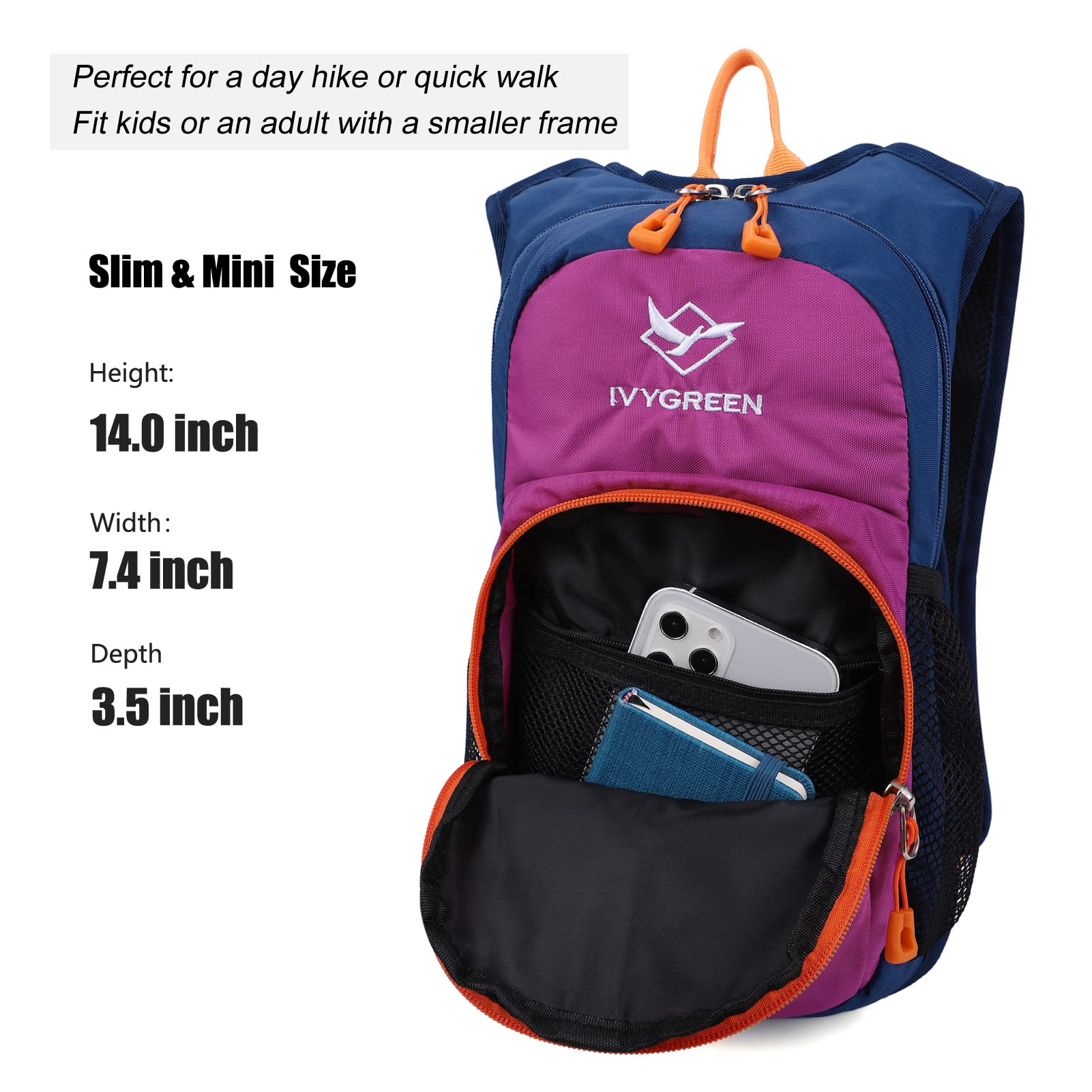 Ivygreen Kids Hydration Backpack, Hiking Backpack For Boys Or Girls With 1.5L Water Bladder, Purple