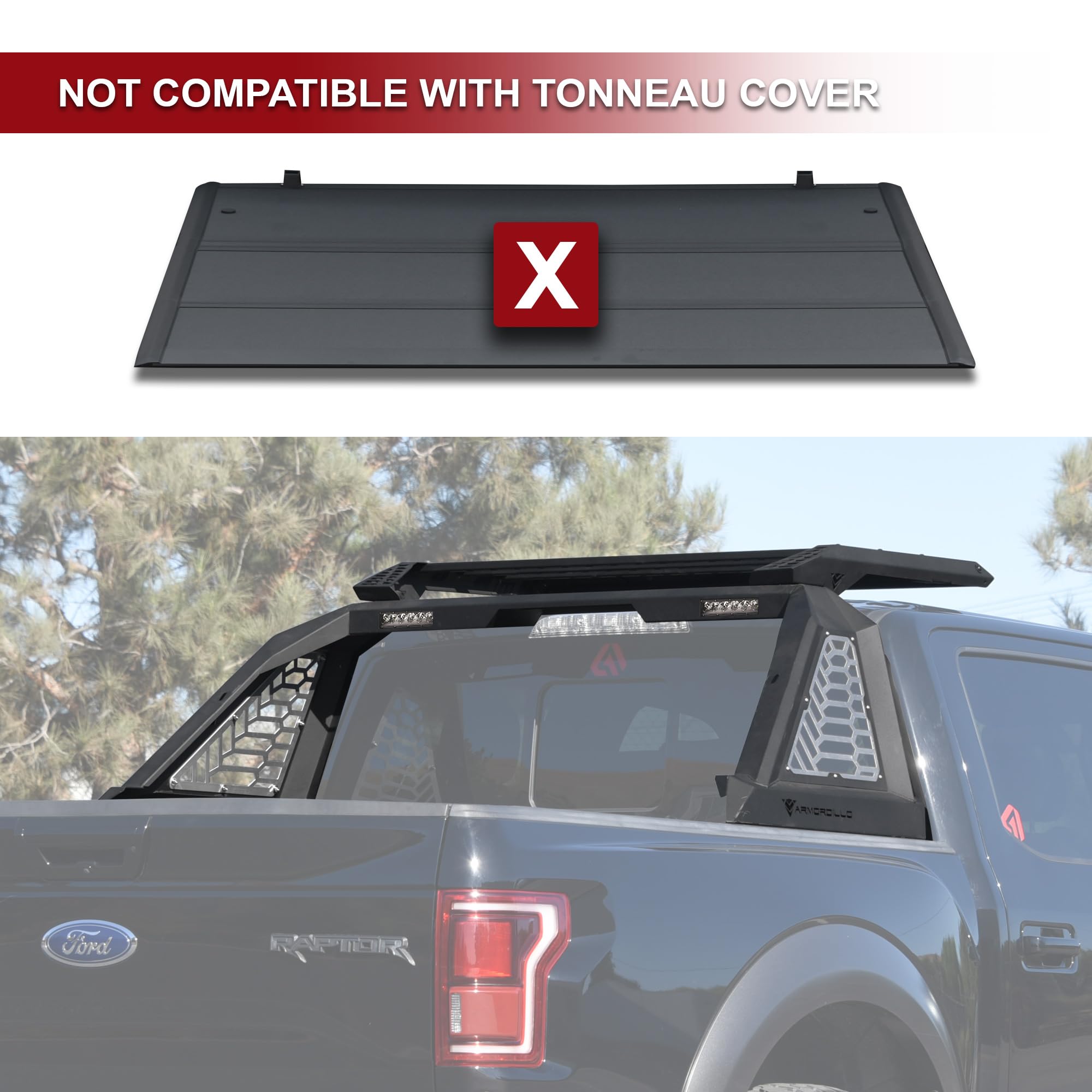 Armordillo Crx Roll Bar Chase Rack For 1/2 Ton Full Size Trucks|With Cargo Basket|2X Led Light Lamps|04-24 F150 F-150|07-18 Silv