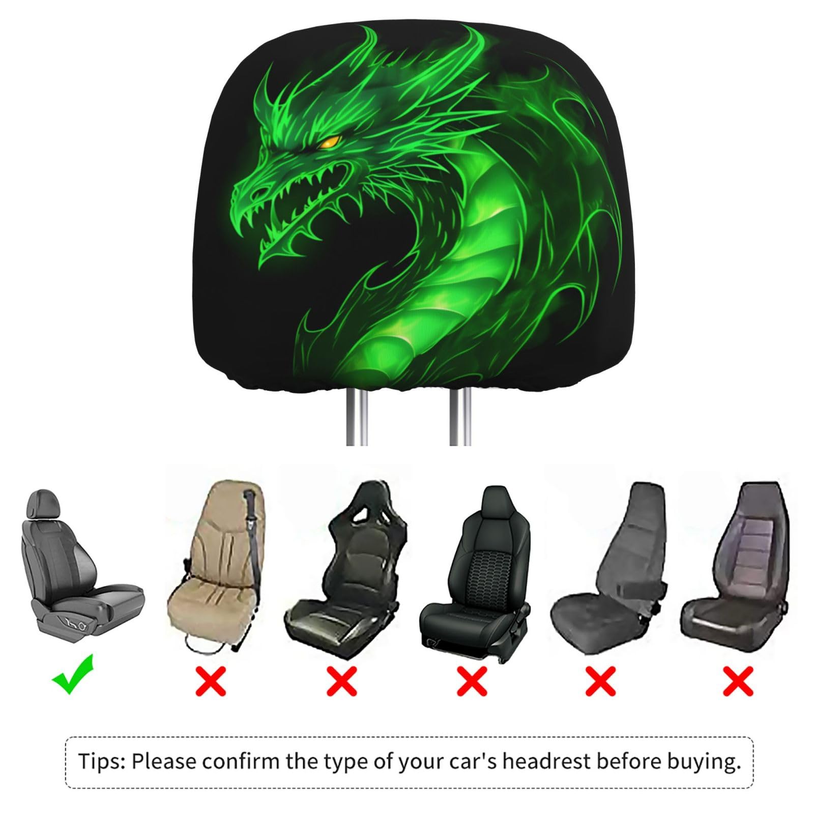 Dujiea 2 Pack Dragon Green Fire Car Headrest Covers, Universal Soft Car Seat Head Rest Protector, Vehicle Accessories Fabric Hea