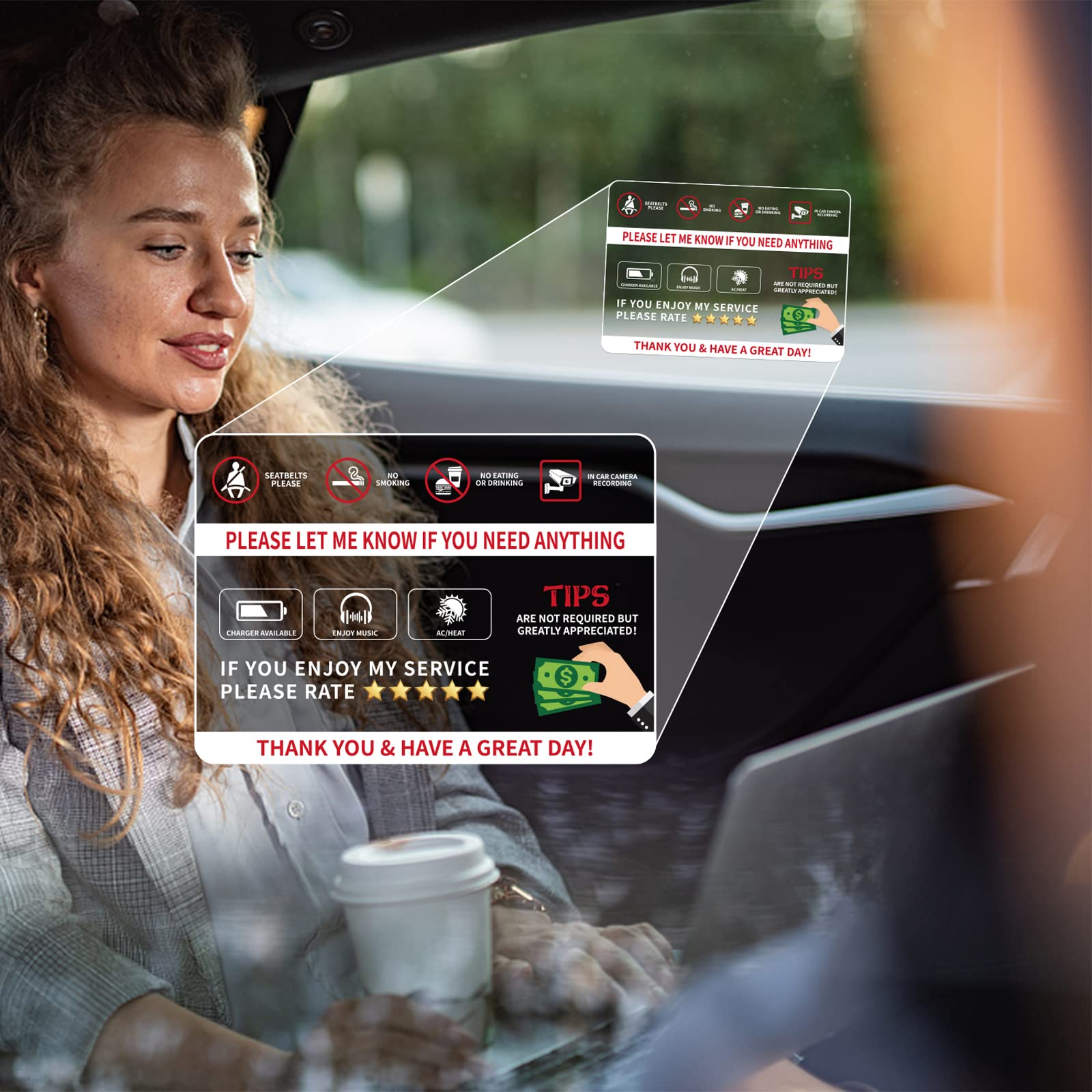 Rideshare Rating Tips Sign 7” X 5” Window Stickers Decal Removable Taxi Car Safety Warning Sign 6 Pack