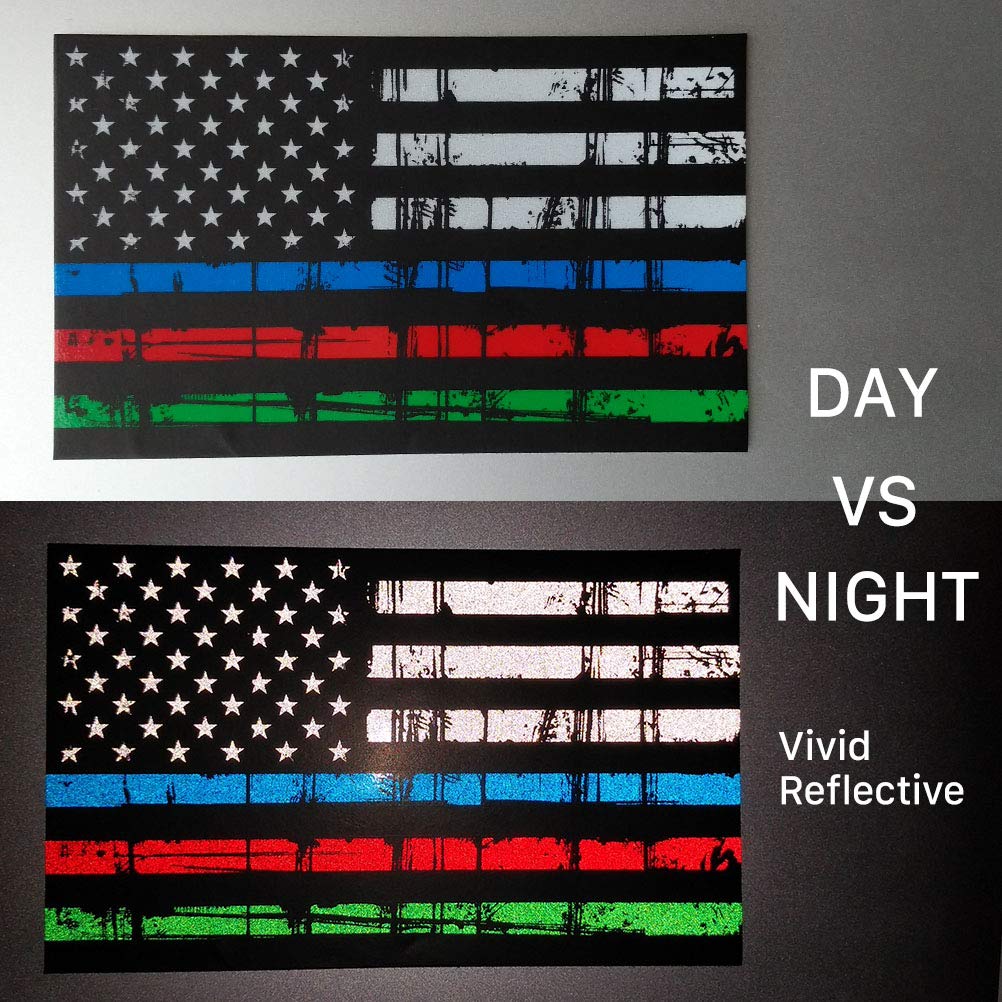 Creatrill Reflective Tattered Thin Blue Red Green Line Decal Matte Black - 3 Packs 3x5 in. American USA Flag Decal Stickers for