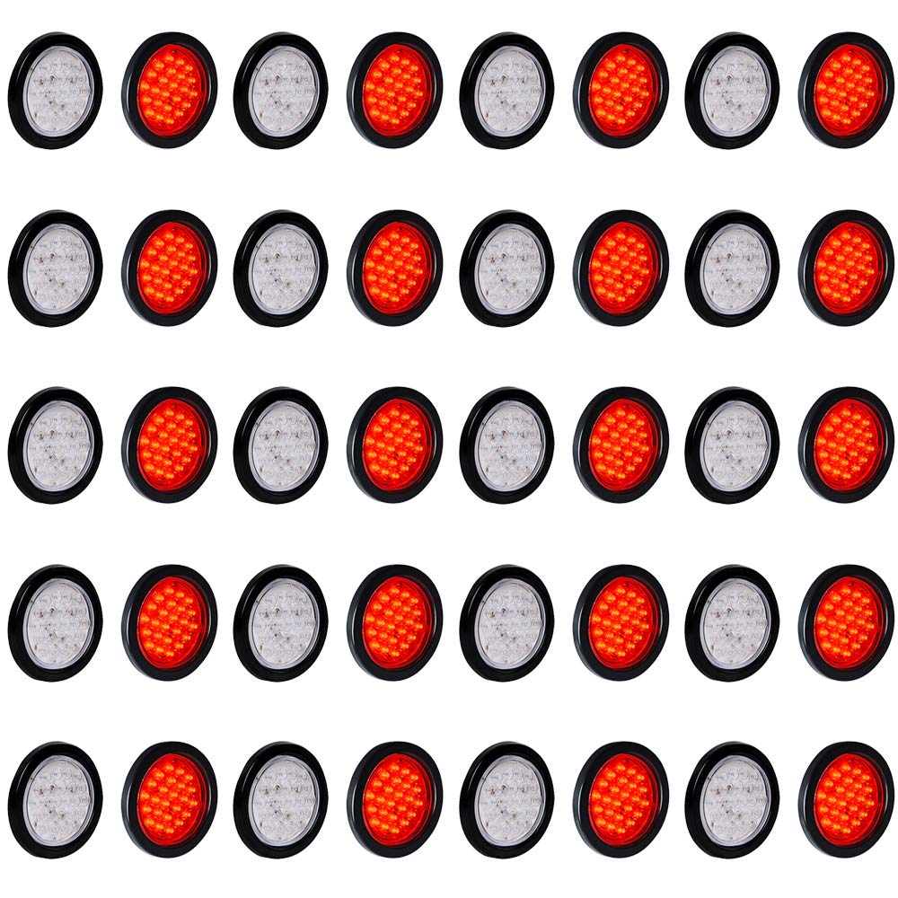 40X 4 Round 24-LED Clear Lens RED Sealed Tail Light Trailer Truck RV Brake Stop Lamps Rear Parking Taillights 12V