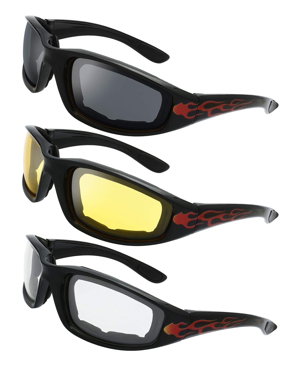The Fresh Motorcycle Riding Glasses Padded Frame Lens Block 100% Uvb For Outdoor Activity Sport (1410-Shiny Black(Flame Print),