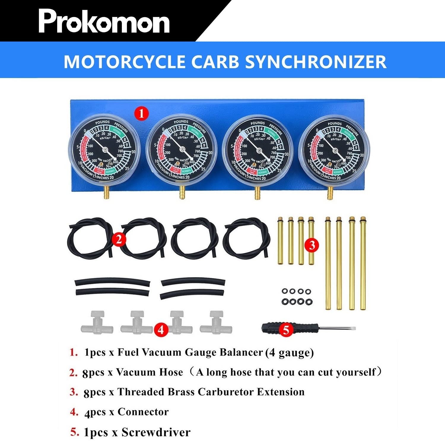 Prokomon Motorcycle Carburetor Synchronizer Tool Kit; Carb Synchronizer Tool With 4 Gauge And Plastic Case; Vacuum Carb Sync Tool For 2 Cylinder Or 4 Cylinder