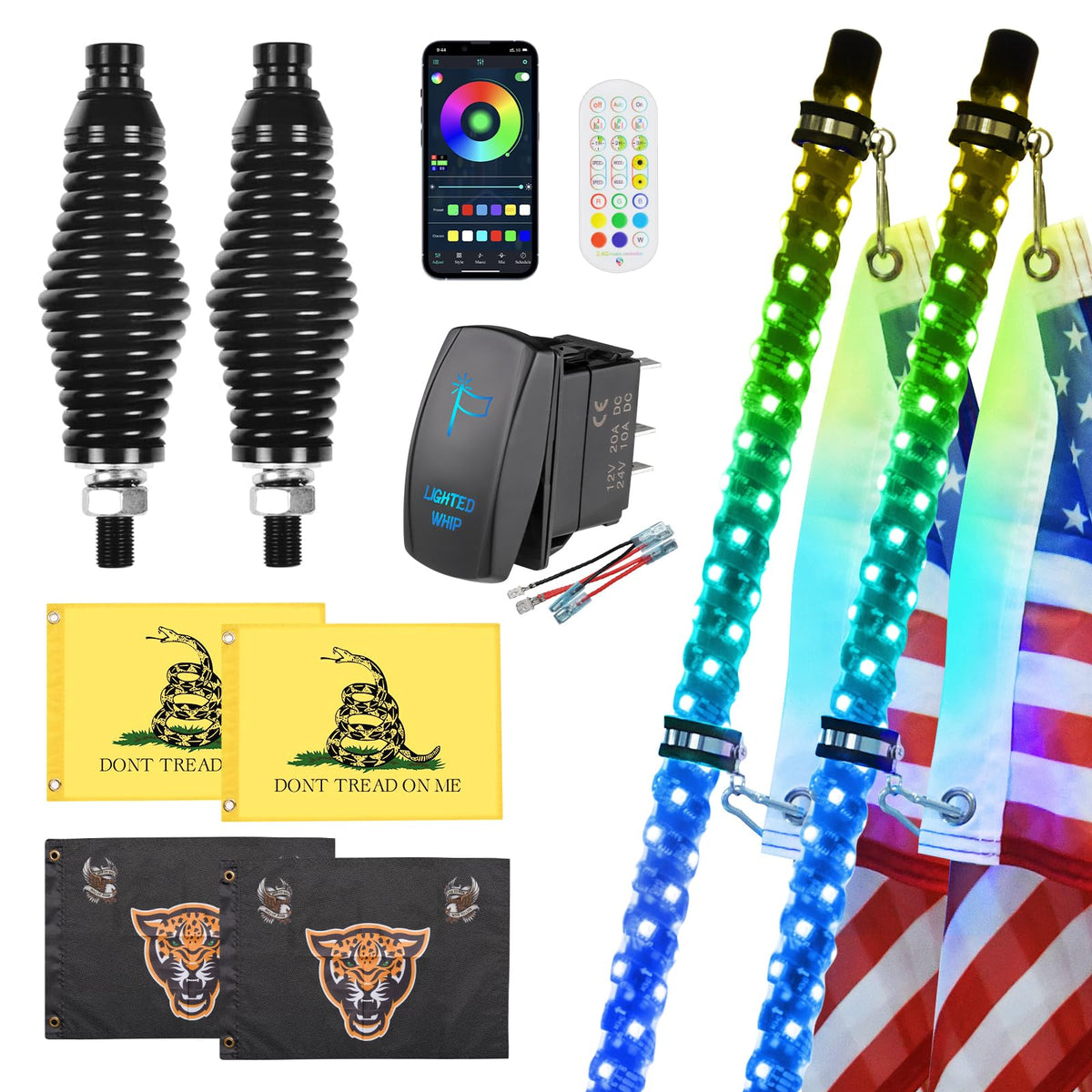Ehaho 2 Pack 3FT Whip Lights with Spring Base, LED Whip Light with App & Remote Control, Spiral RGB Chasing Lighted Whips with R