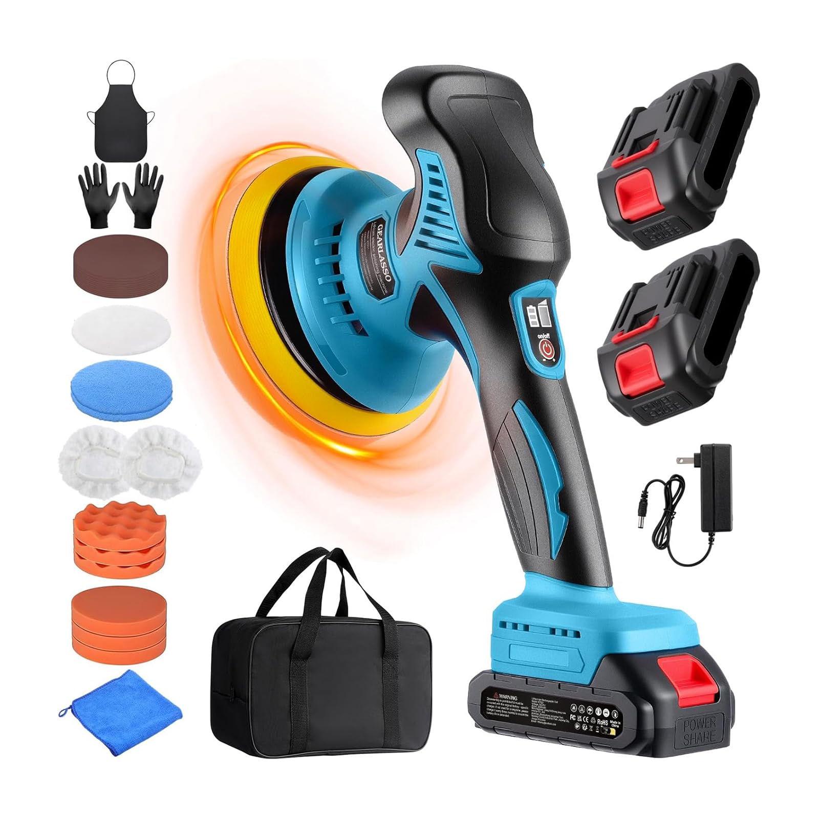 GEARLASSO Car Buffer Polisher with 2x 2000mAh 21V Batteries 8 Variable Speed Car Polisher Cordless Car Polishing Machine with 17