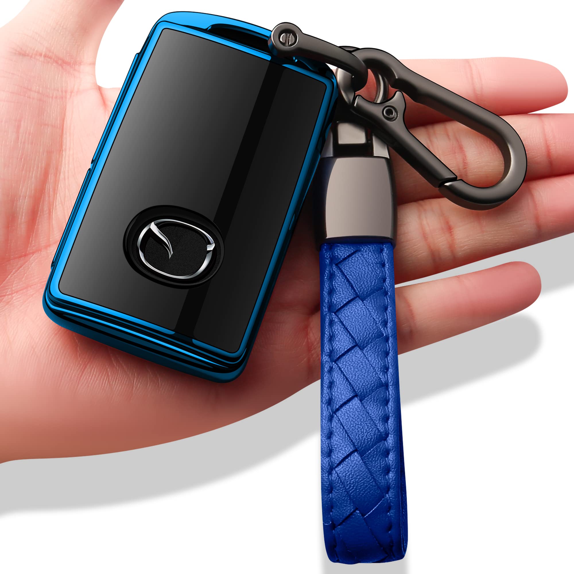 Sindeda For Mazda Key Fob Cover With Keychain Key Case Key Shell 360 Degree Full Protection Compatible With 2019 2020 2021 Mazda 3, Mazda 3 Hatchback, 2020 2021 Mazda Cx-5, Cx-30, Cx-9-Blue