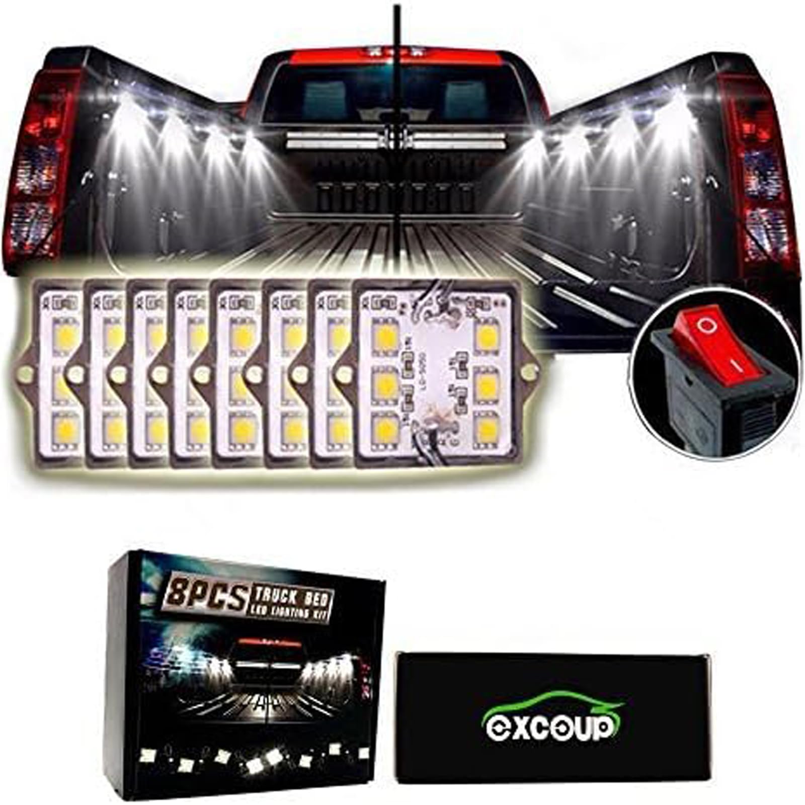 White LED Truck Pickup Bed Light Kit, 8 PCS 48 LEDs Rock Lighting Kits IP68 Waterproof LED Lighting Set with Switch for Car, Sid