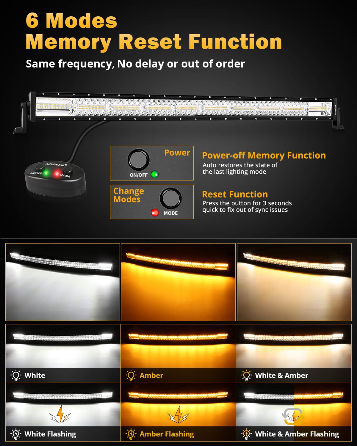 Auxbeam 6 Modes Amber White Series, 42 Inch 240W Curved Led Light Bar, Strobe Warning Flashing Dual Color Fog Light, Spot Flood