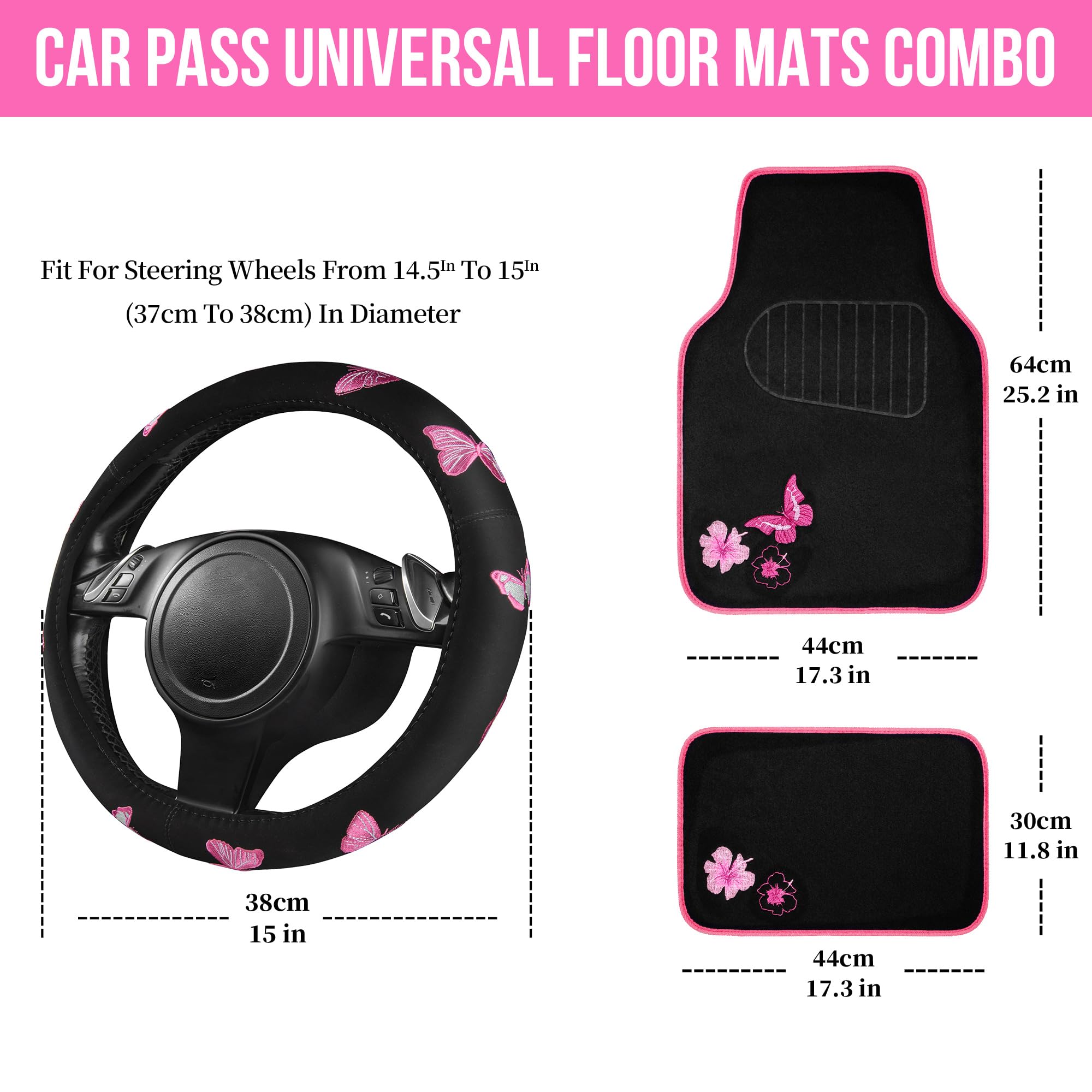 Car Pass Embroidery Butterfly Steering Wheel Cover And Waterproof Car Floor Mats,Pink Car Mats 14.5-15Inch Steering Wheel Covers