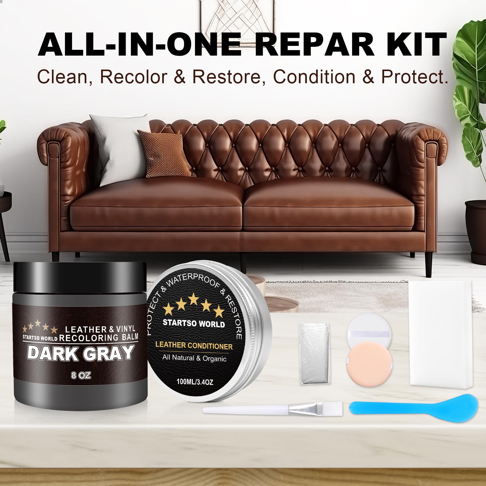 STARTSO WORLD 200Ml Dark Gray Leather Recoloring Balm & 100ML Conditioner Kit for Furniture, Couch Paint & Scratch Repair