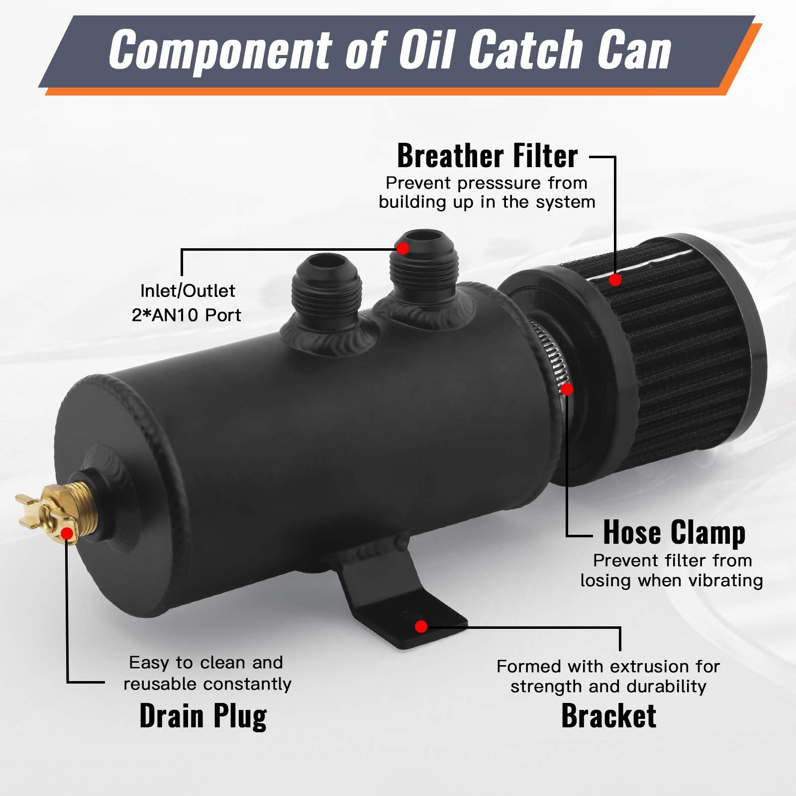 Muge Racing Universal Oil Catch Can Tank Kit Polish Baffled Reservoir With Breather Filter With 3/8'' Fuel Line,Aluminum,Black (