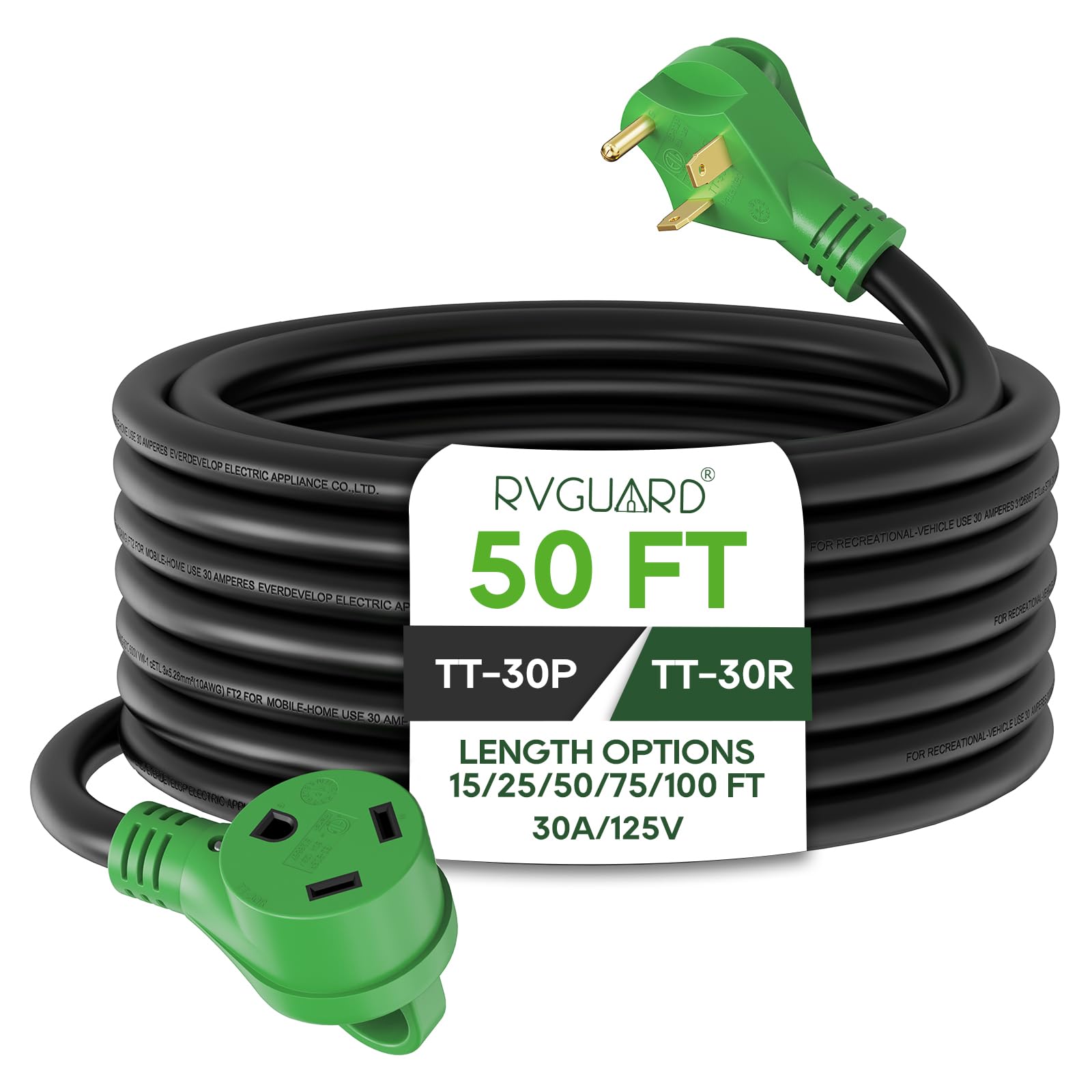 Rvguard 30 Amp 50 Foot Rv Extension Cord, Heavy Duty 10/3 Gauge Stw Cord With Led Power Indicator And Cord Organizer, Tt-30P/R S