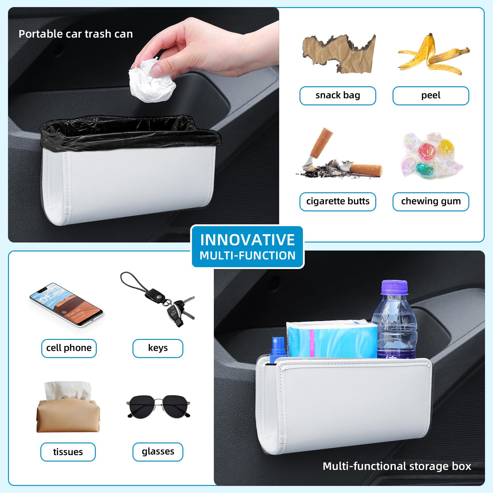 zmoso Car Trash Can, Universal Leather Foldable Leakproof Garbage Bins Car Door Organizer Holder (White)