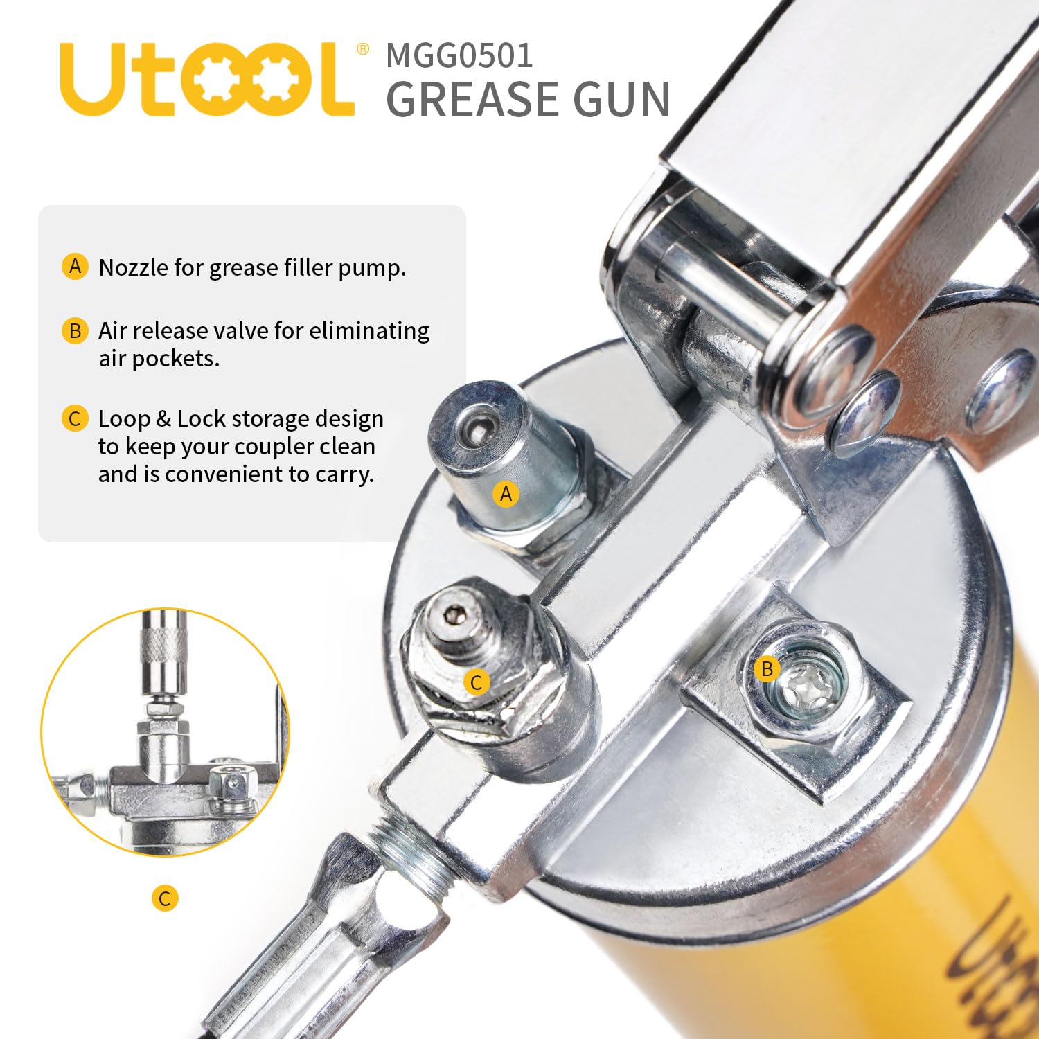Utool Grease Gun, 8000 Psi Heavy Duty Pistol Grip Grease Gun Kit With 14 Oz Capacity, 18 Inch Resin Flex Hose, 1 Patented Double Handle Coupler, 1 Basic Coupler