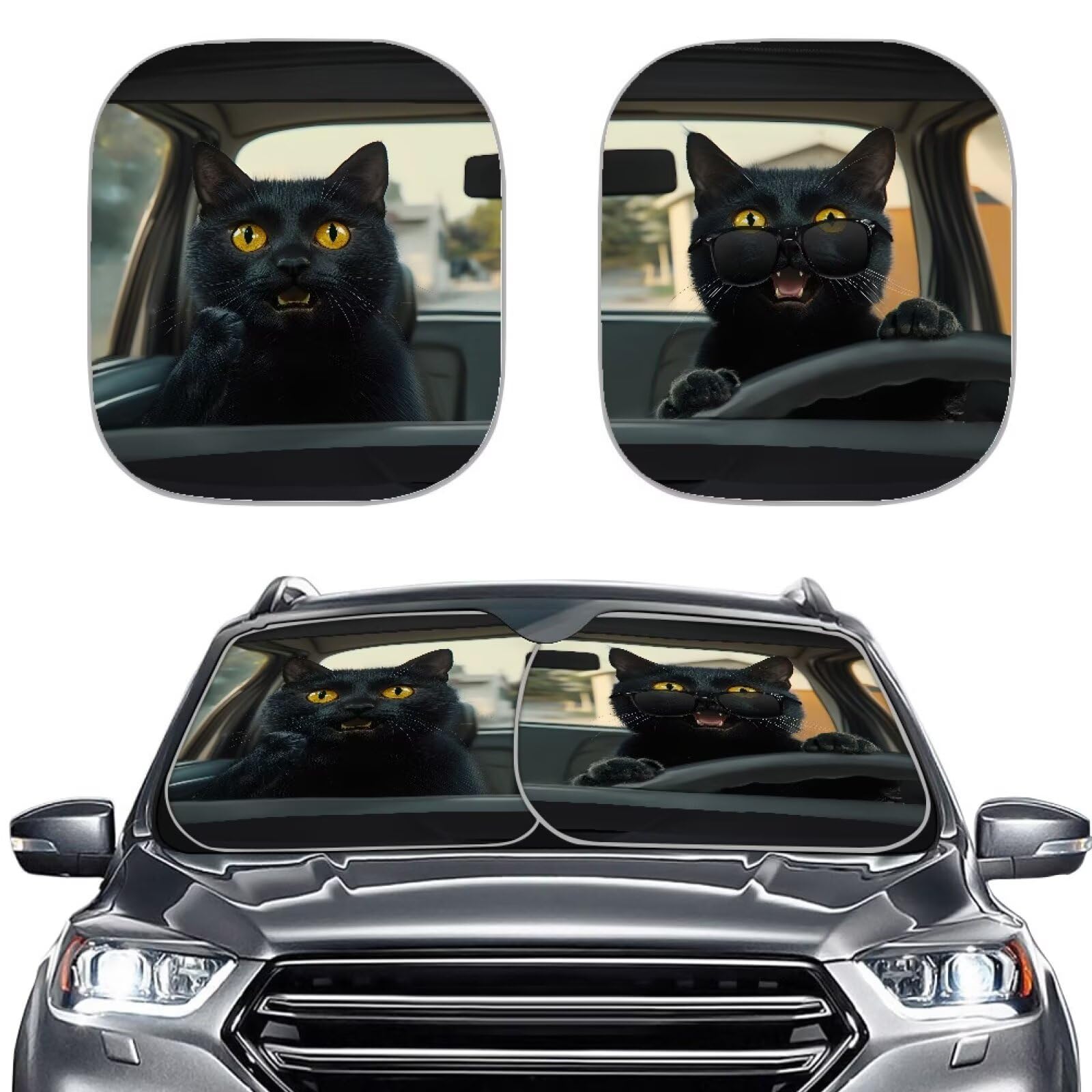 Renewold Novelty Black Cat Animal Driving Car Windshield Sun Shade Shield Portable Auto Sunshade Vehicles Sun Visor Fits For Mos