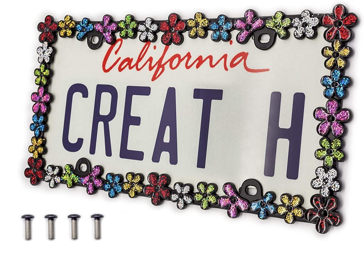 Creathome 3D Shining Daisy Wrenth License Plate Frame From Pure Zinc Alloy Metal Perfect Plate Holder, Matt Black With Colorful