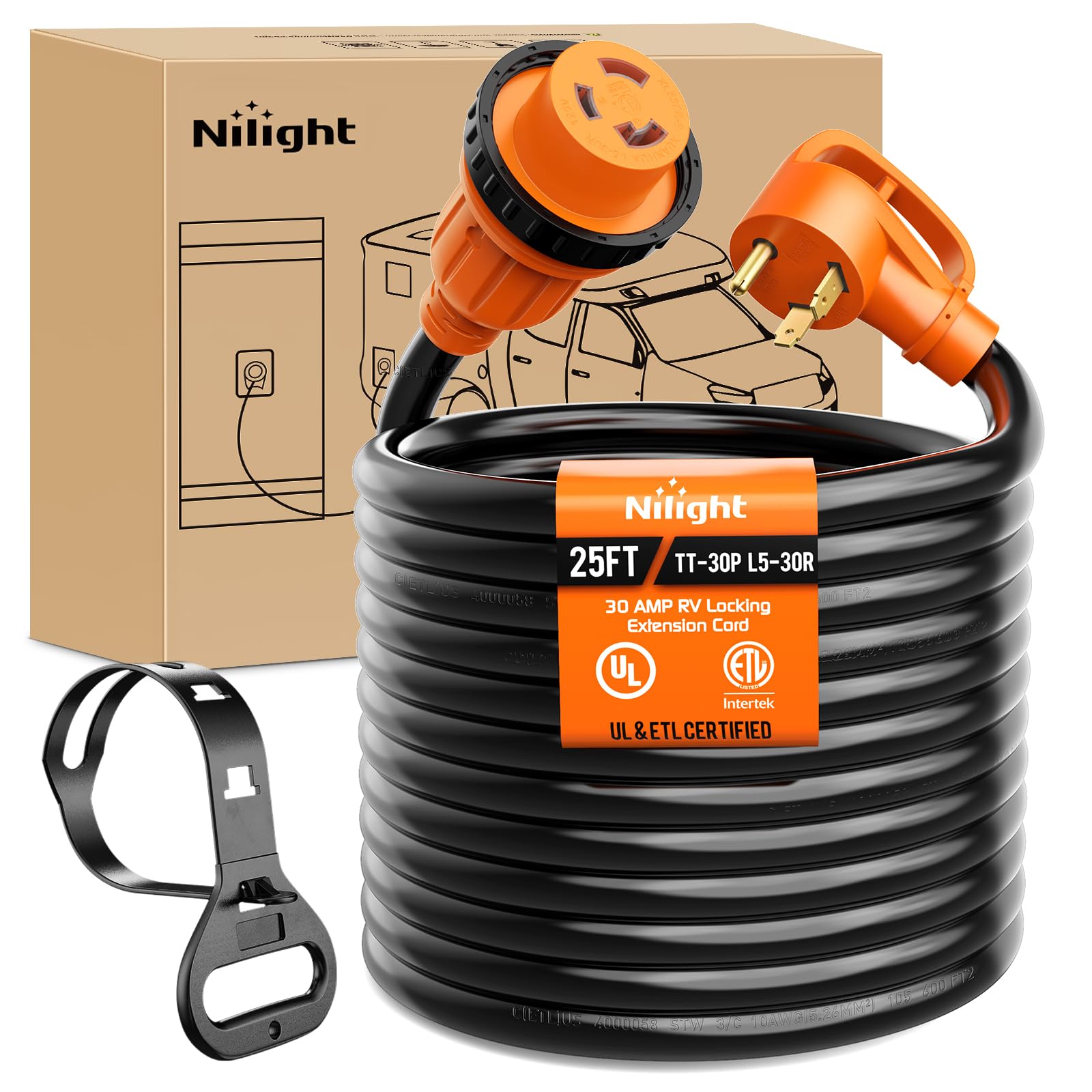 Nilight 30 Amp 25Ft Rv Locking Extension Cord 125V Heavy Duty 10 Gauge Pure Copper Stw Wire Etl Listed 3 Prong Tt-30P L5-30R 30F