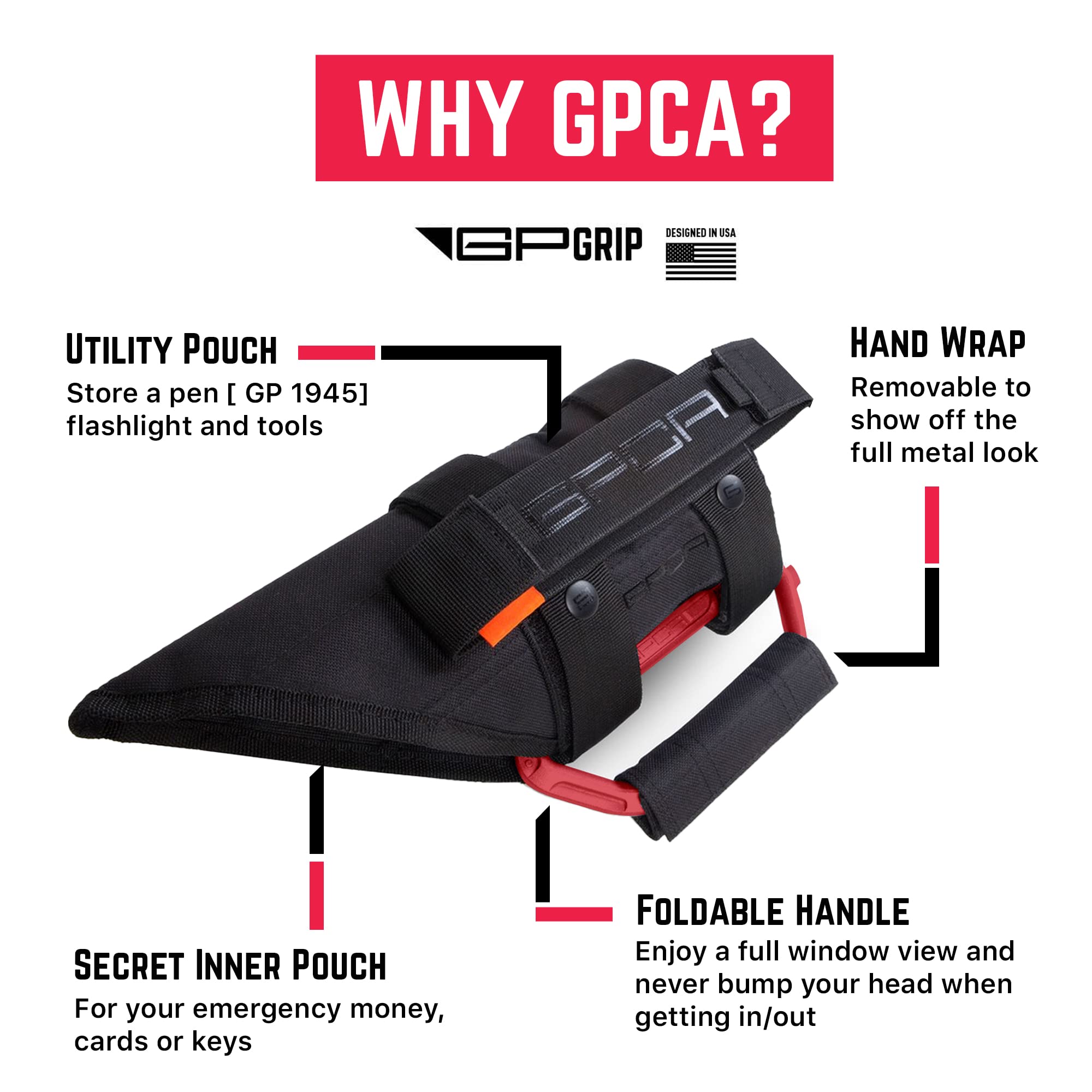 GPCA - GP Grip PRO, Foldable Patented Aluminum Metal Grab Handles for Wrangler 4xe, JL, JT, JK, Sport, Sahara, Rubicon and Gladi