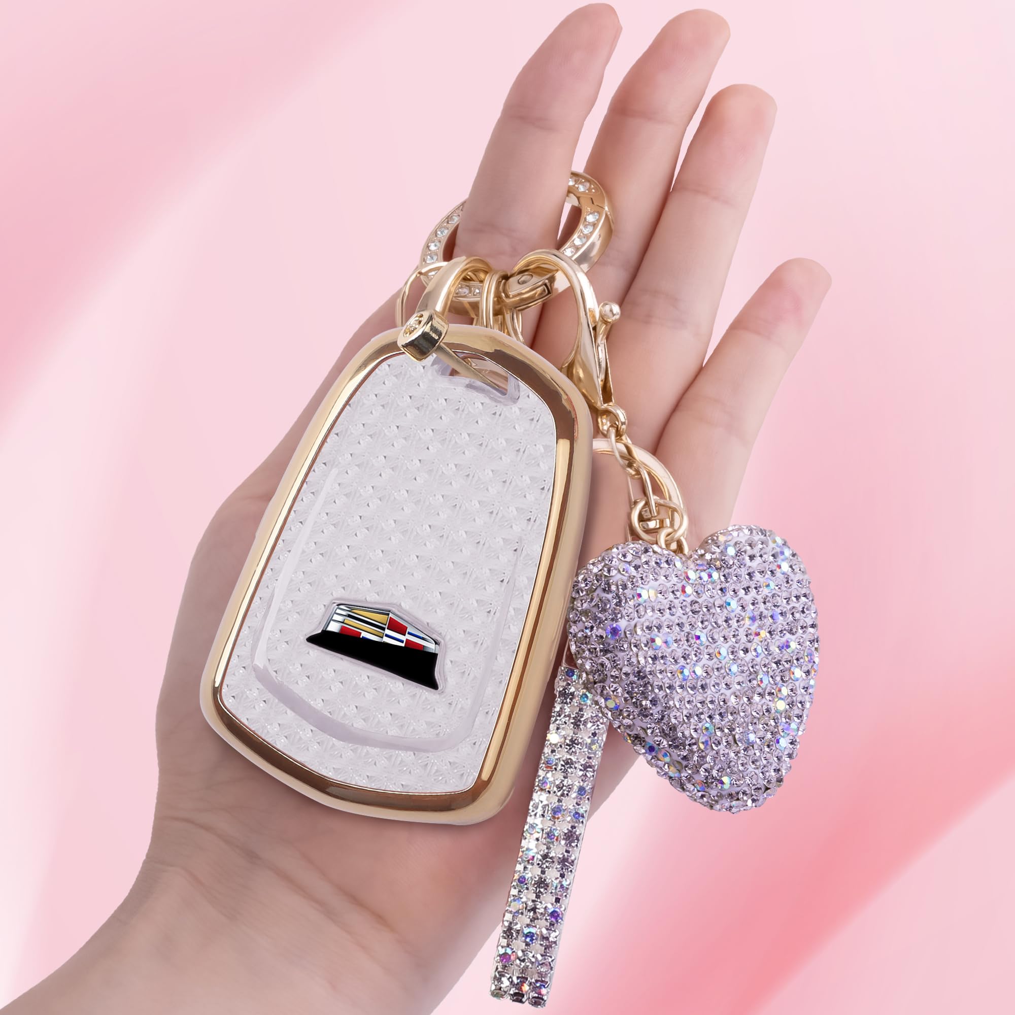 Meruns for Cadillac key fob cover with Diamond Bling Keychain, Car Accessories Key Shell Full Protection for Cadillac Escalade S