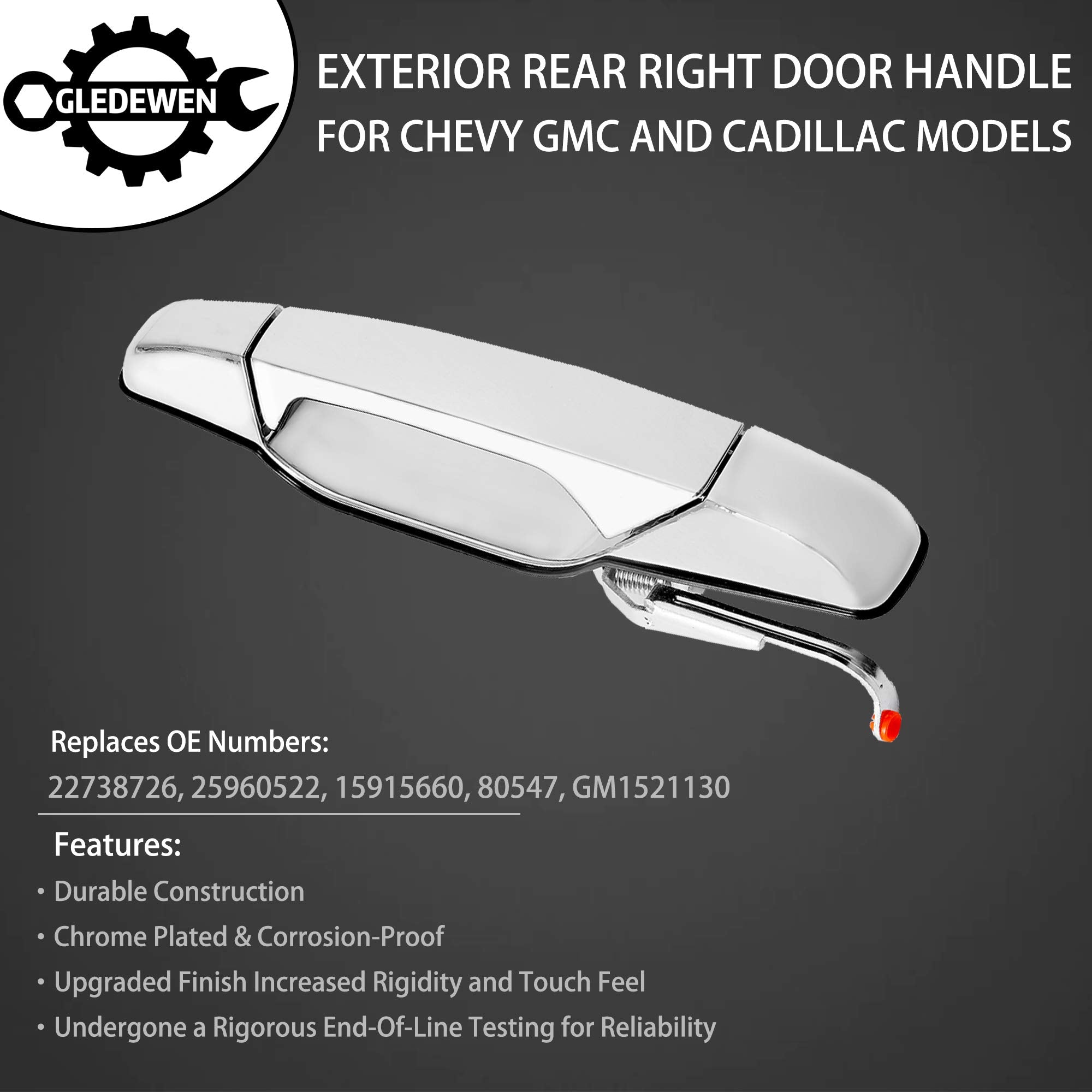Gledewen Chrome Rear Right Door Handle for 2007-2013 Chevy Silverado, Suburban, Tahoe, Avalanche, GMC Sierra, Yukon, Cadillac Escalade