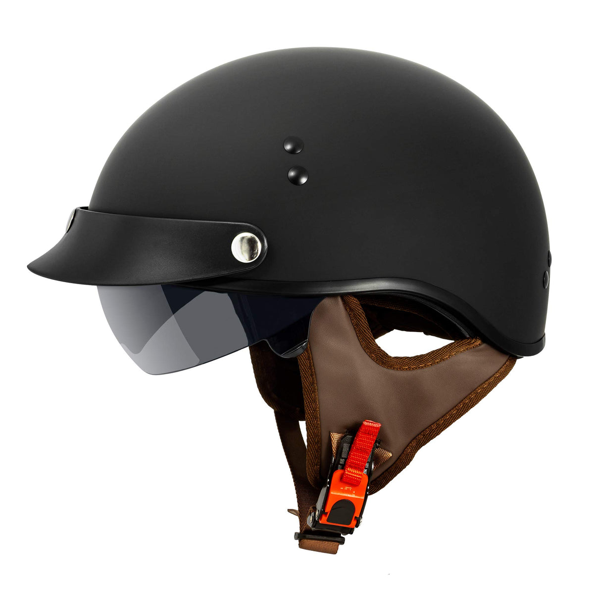 Vcan Cruiser Solid Flat Black Half Face Motorcycle Helmet With Drop-Down Sun Visor, Removable Peak And Quick Release Buckle (X-S