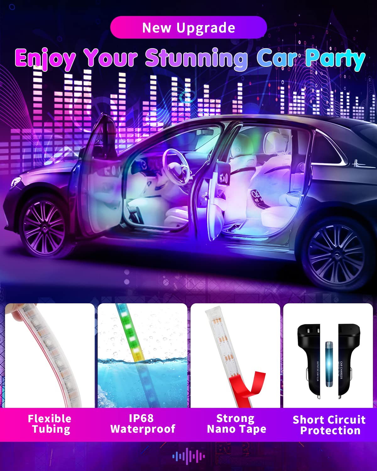 Rgb 72 Led Interior Car Strip Lights With Smart App Control, 2 Lines Design Music Sync Under Dash Footwell Neon Internal Lightin