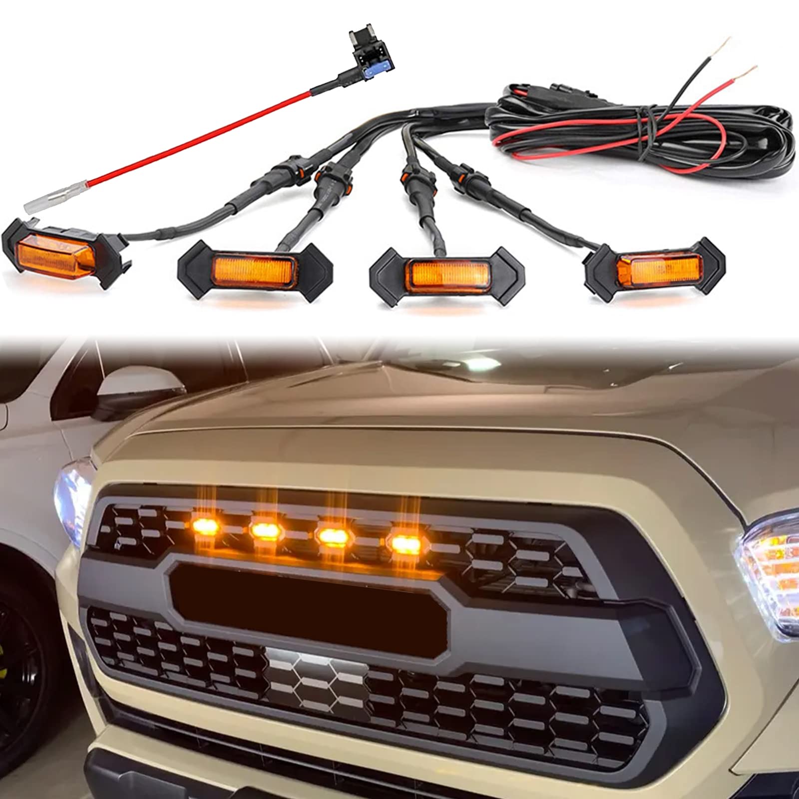 Led Grill Lights For 2016-2022 Aftermarket Toyota Tacoma Trd Pro Grille With Harness & Fuse(Amber Light With Amber Housing)