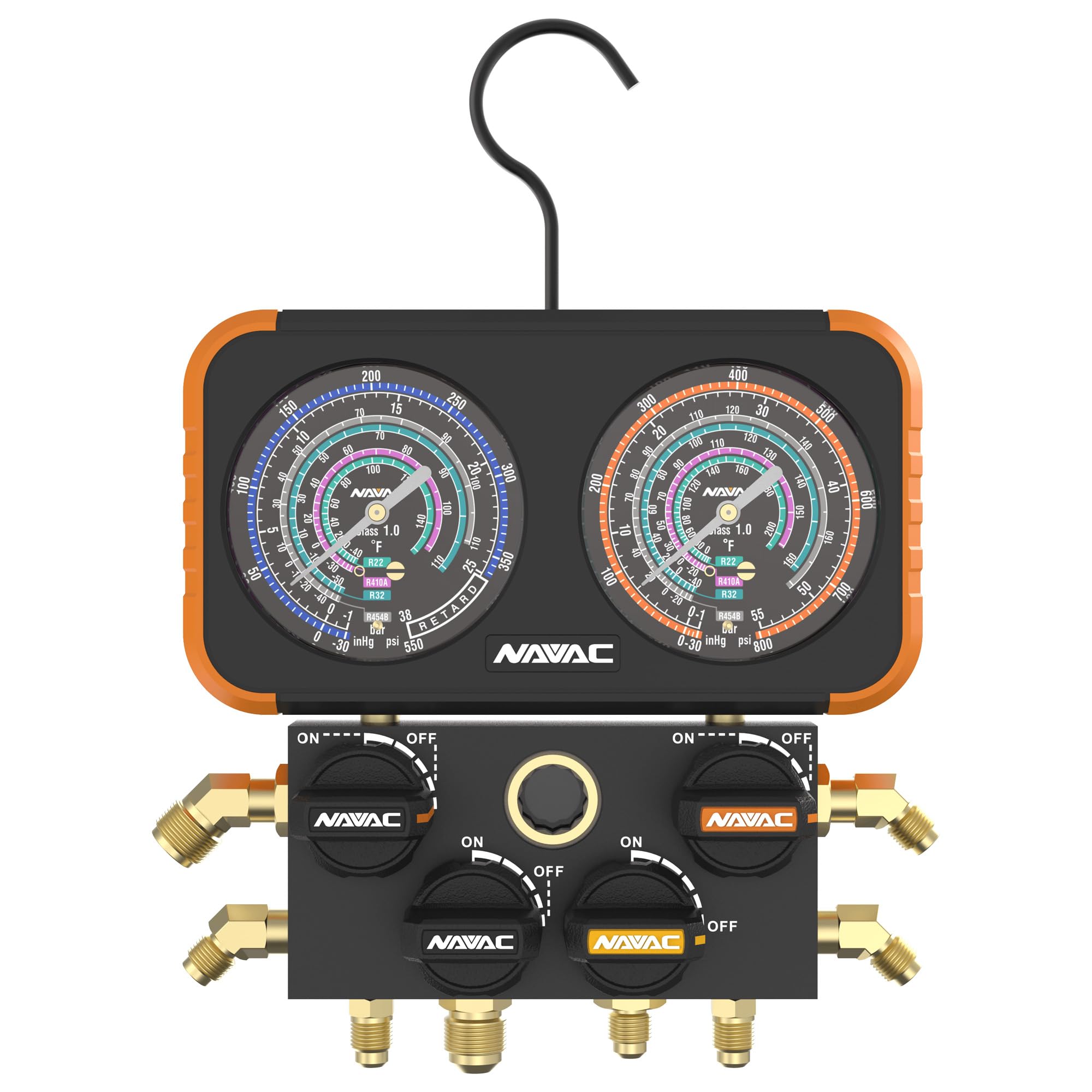 NAVAC N4A4H Manifold Gauge | Class 1.0 Accuracy | Impact-Resistant HVAC Gauge | Aluminum Body and Rubber Cover | Easy-to-Read An