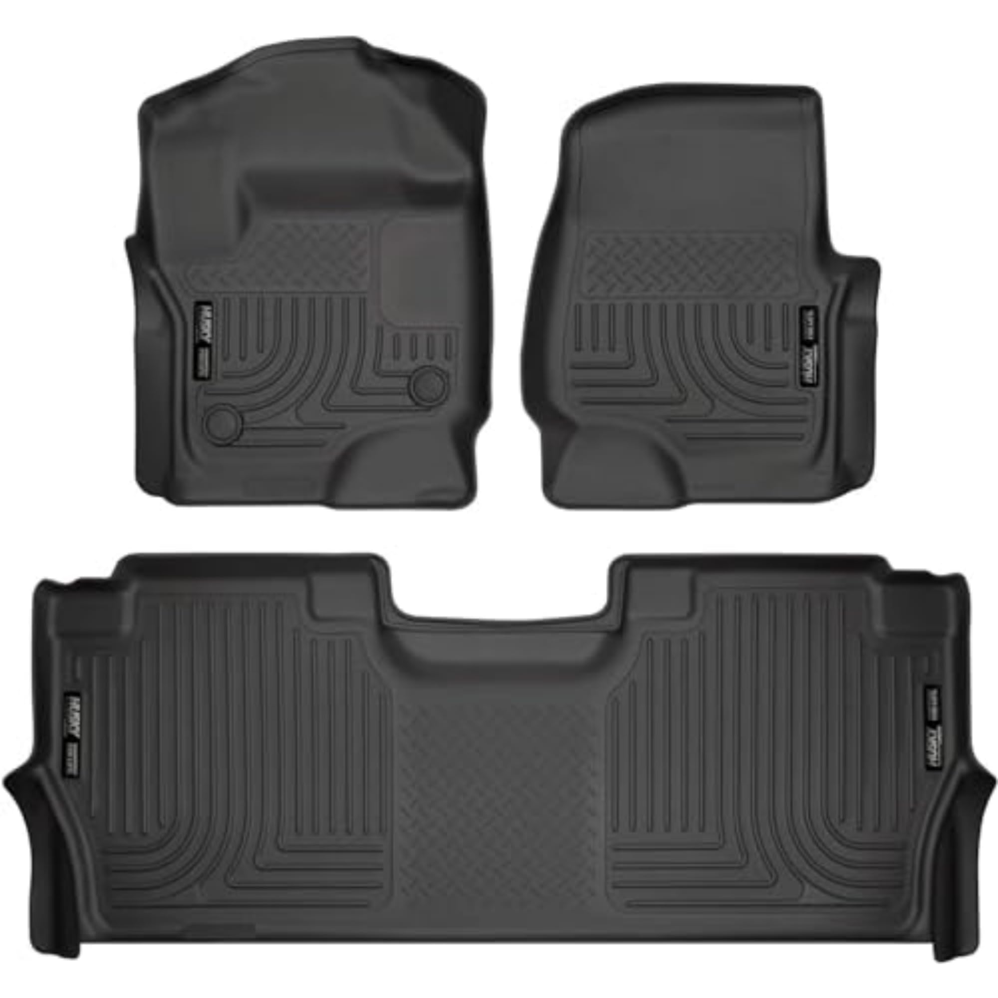 Husky Liners Weatherbeater Floor Mats | Fits 2017 - 2024 Ford F-250/F-350/F-450 Supercrew Cab With Factory Carpet & With Fold Flat Storage | Front & 2Nd Row, 3-Pc Black - 94061