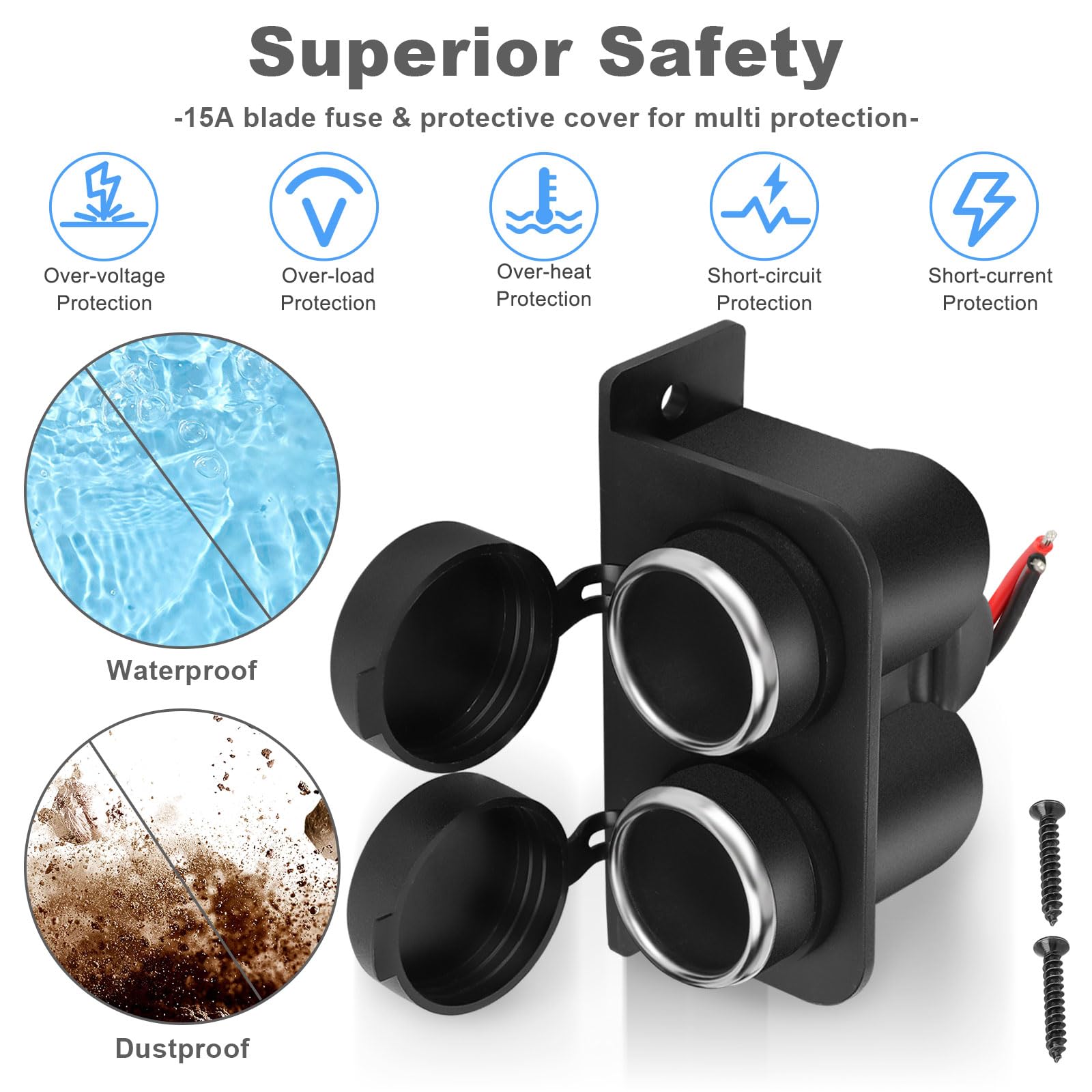 1Pcs Cigarette Lighter Socket With Blade Fuse, 2-Socket Cigarette Lighter Splitter 12V Lighter Power Outlet Replacement Waterproof Plug For Car Marine Truck Atv Rv