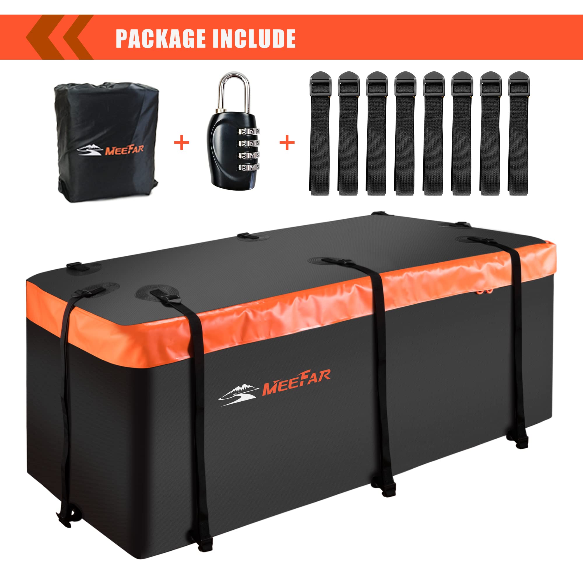 Meefar Hitch Mount Cargo Carrier Bag Soft Shell 100% Waterproof 15 Cubic Feet (58' 19' 24') Include 8 Reinforced Straps For Truck Pickup All Vehicle With Steel Cargo Basket