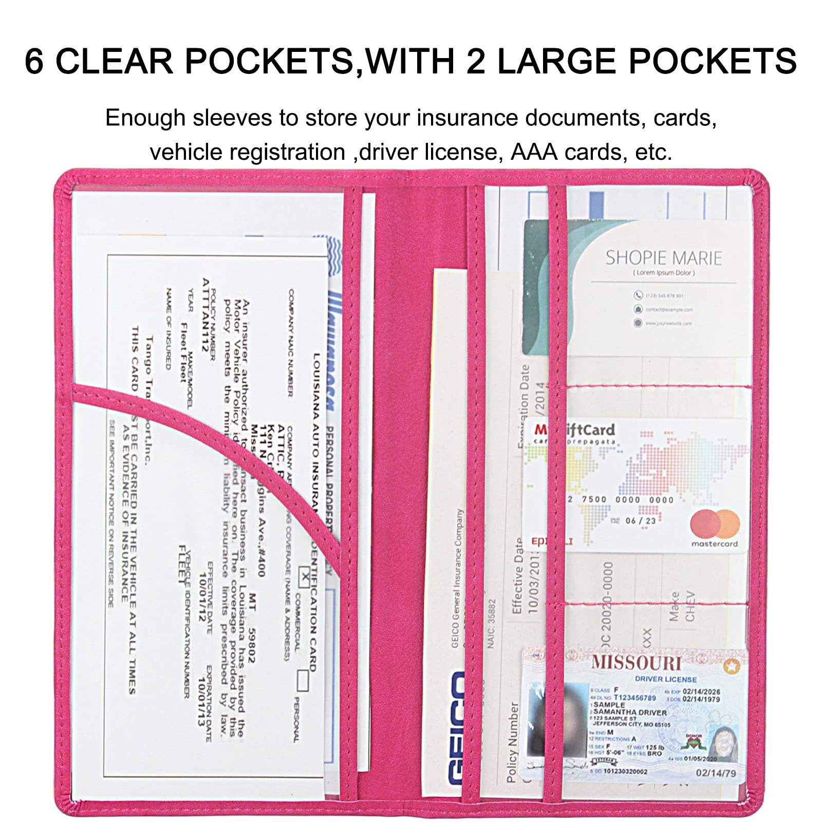 Car Registration And Insurance Holder, Premium Leather Registration And Insurance Card Holder,Vehicle Glove Box Car Organizer,Wallet Accessories Case With Magnetic Shut For Cards, Essential Document, Driver License (Rose Red)