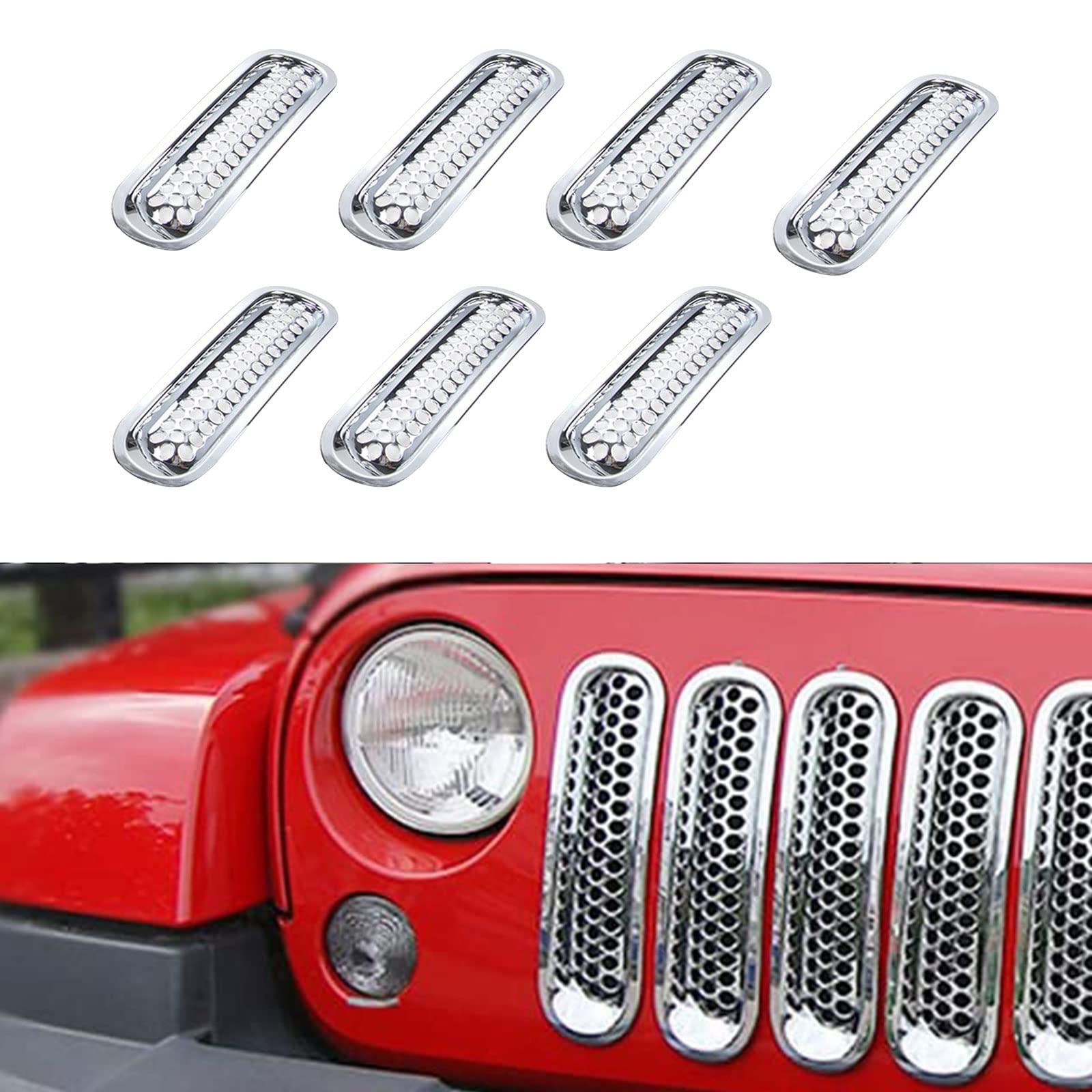 Rt-Tcz Upgrade Version Clip-On Grille Front Mesh Grille Inserts For Jeep Wrangler 2007-2015 (Chrome)