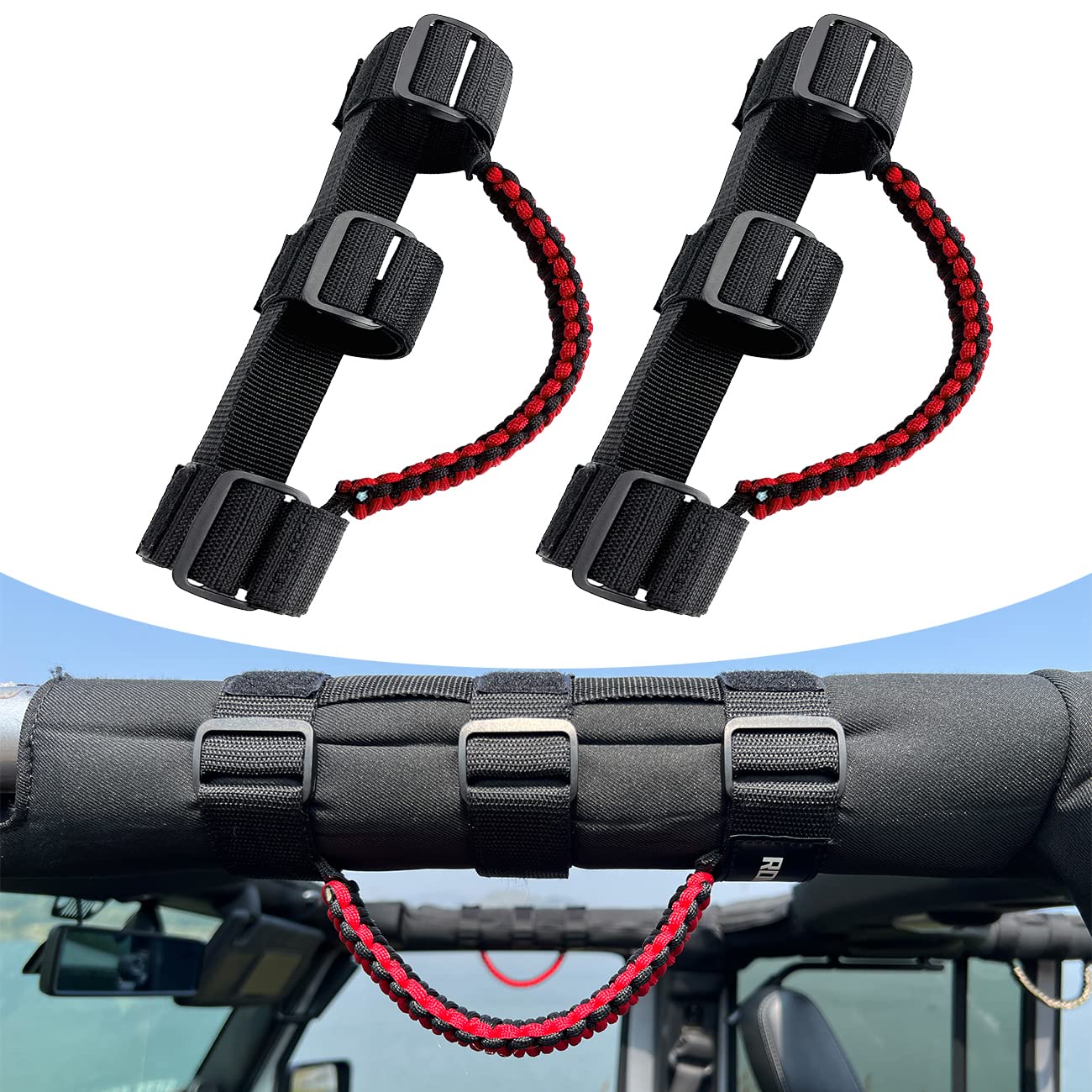 ROMASO Roll Bar Grab Handle for Jeep Wrangler,Grab Handle for Jeep Wrangler YJ JK JL,Comfortable Paracord Material(Black/Red),Pa