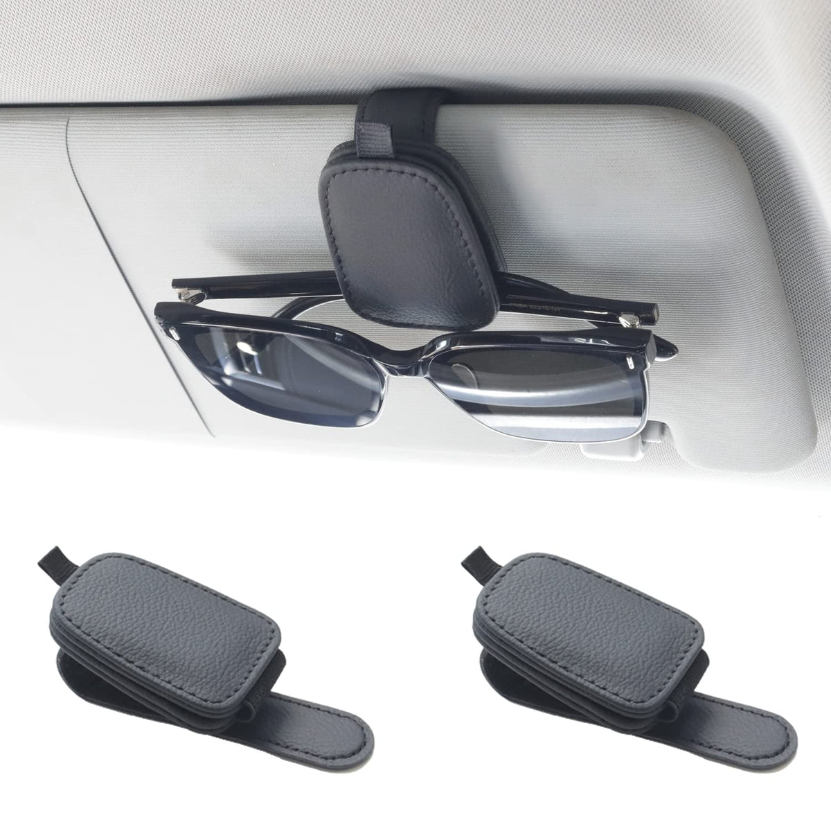 Yuoyar 2 Packs Sunglasses Holders For Car Visor - Magnetic Leather Sunglasses Holder And Ticket Card Clip - Car Visor Accessorie