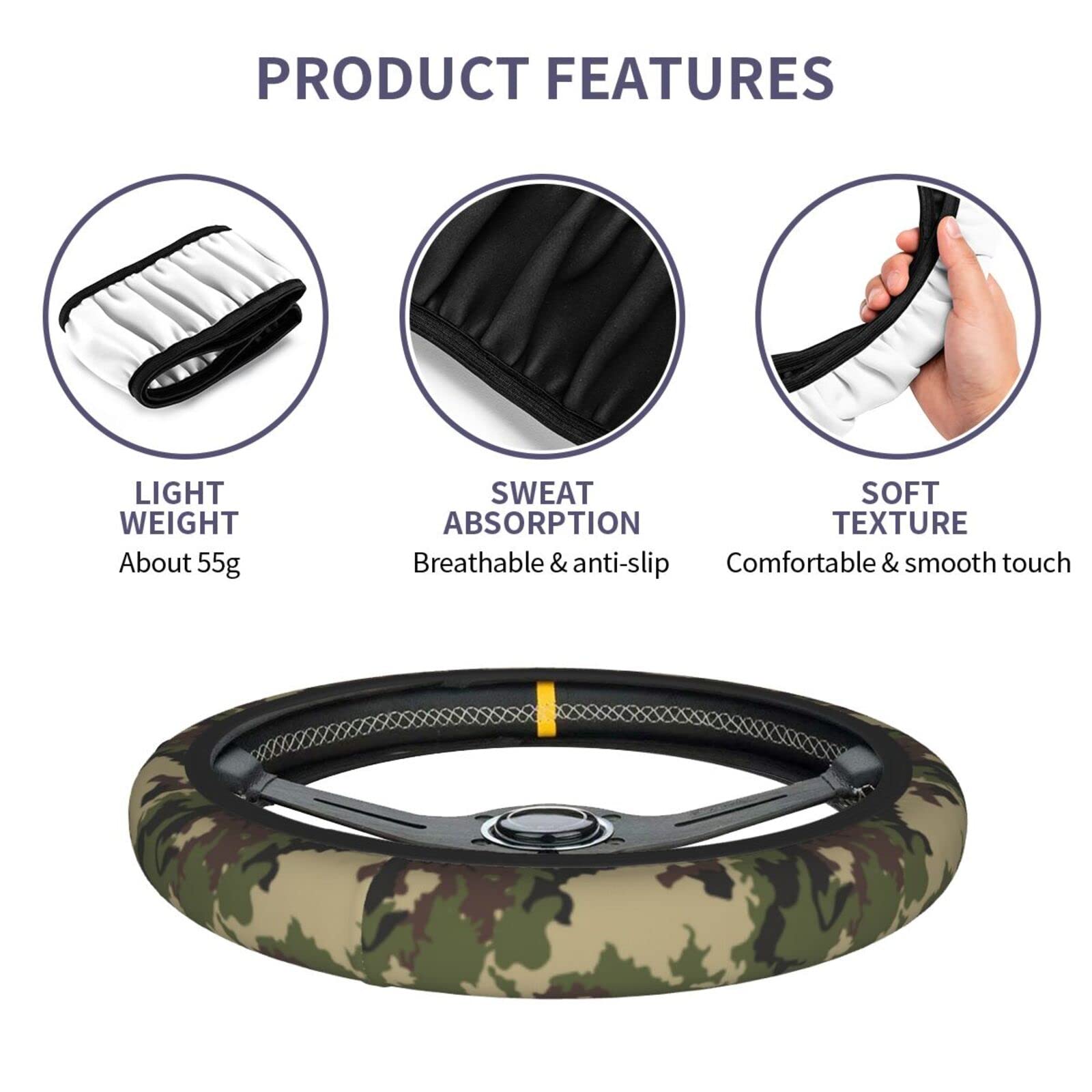 Green Camo Camouflage Steering Wheel Cover for Women Men with 2 Pcs Car Coasters, Universal 14.5-15 Inch Rainbow Steering Wheel