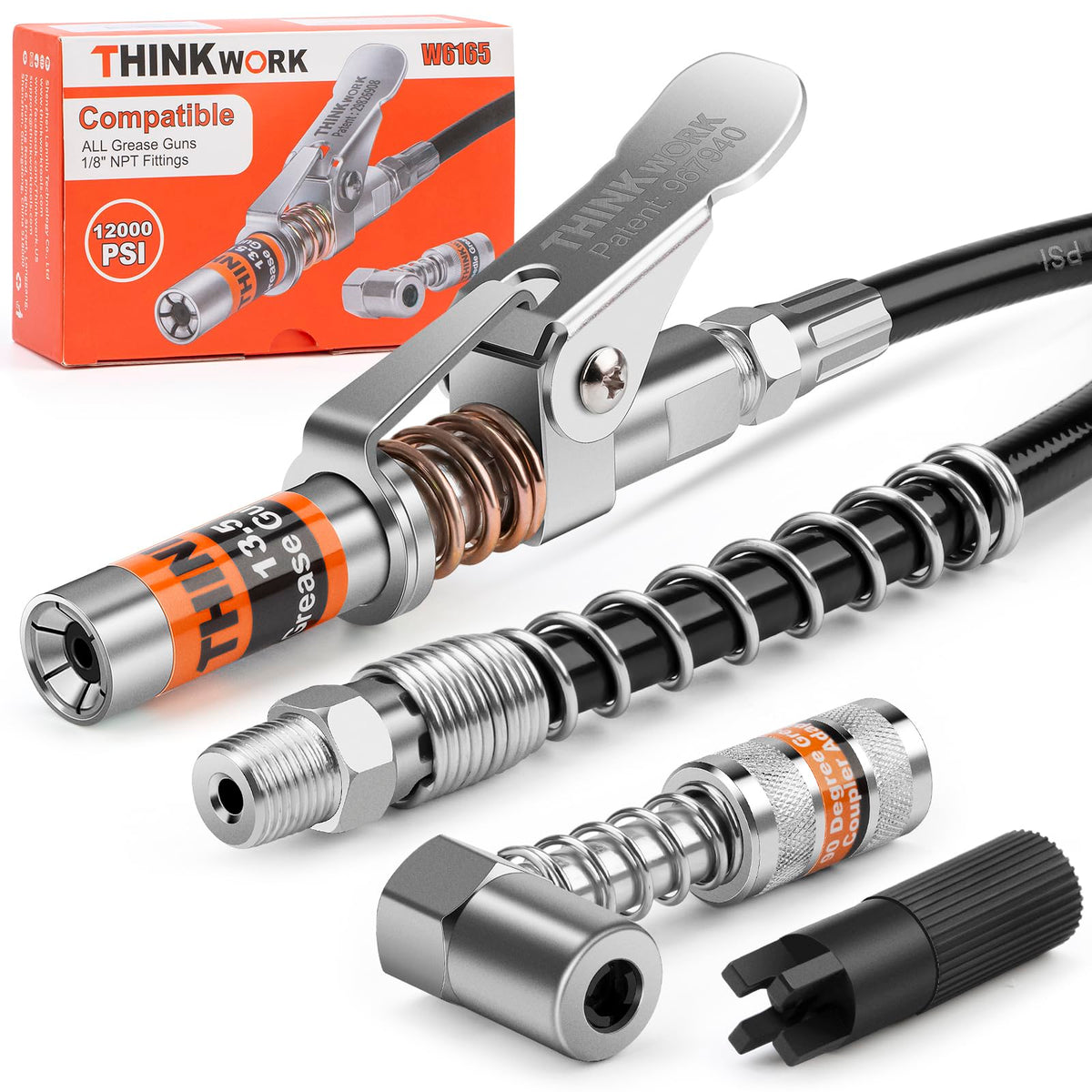 THINKWORK Grease Gun Coupler Set, Strong Lock on Greases Gun Couplers with 90 Grease Coupler Adaptor,12000 PSI Quick Release Gre