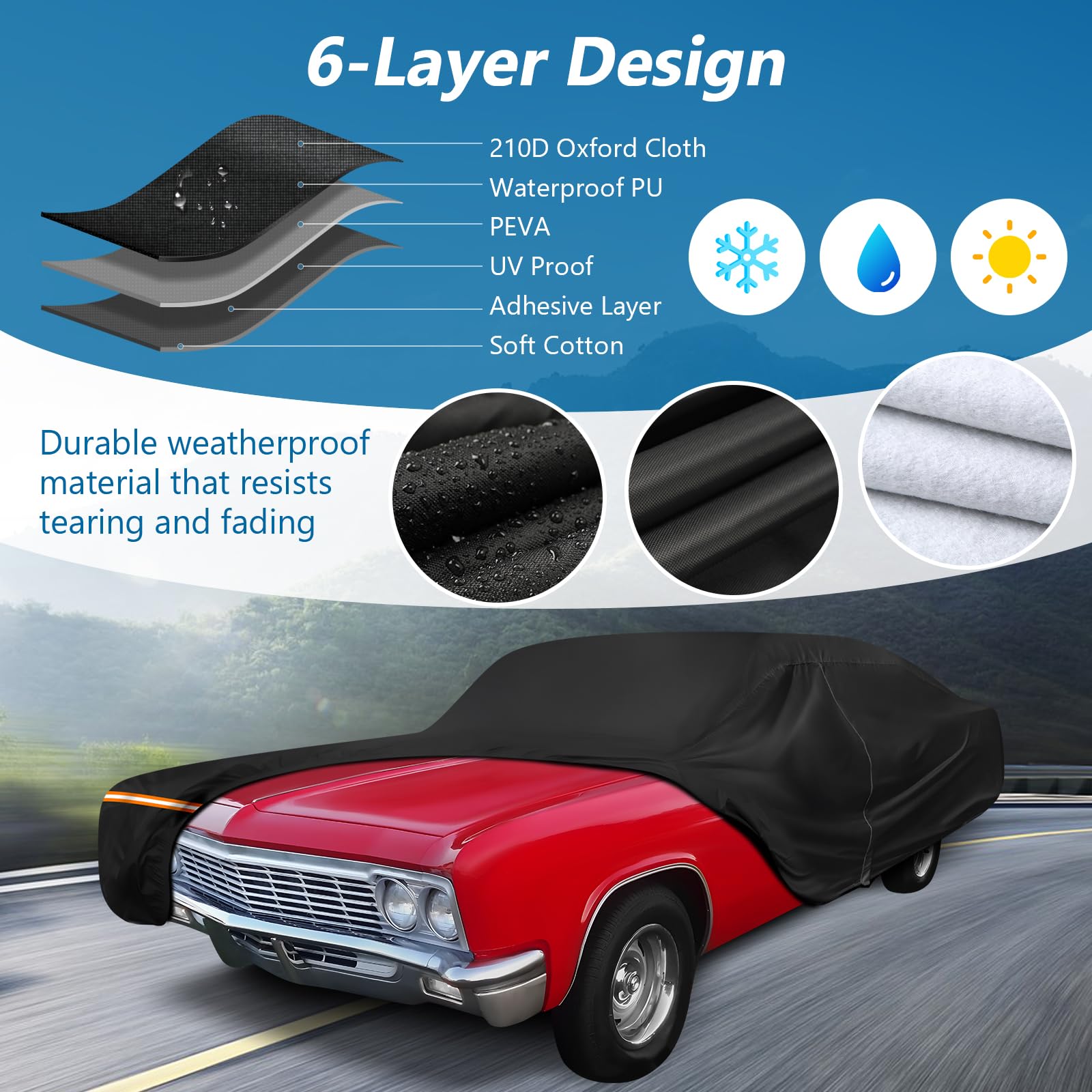 Car Cover For Chevy Caprice 2/4 Door Coupe/Sedan 1966-1996, Waterproof 210D Oxford Cloth And Cotton Cover Outdoor Full Car Cover