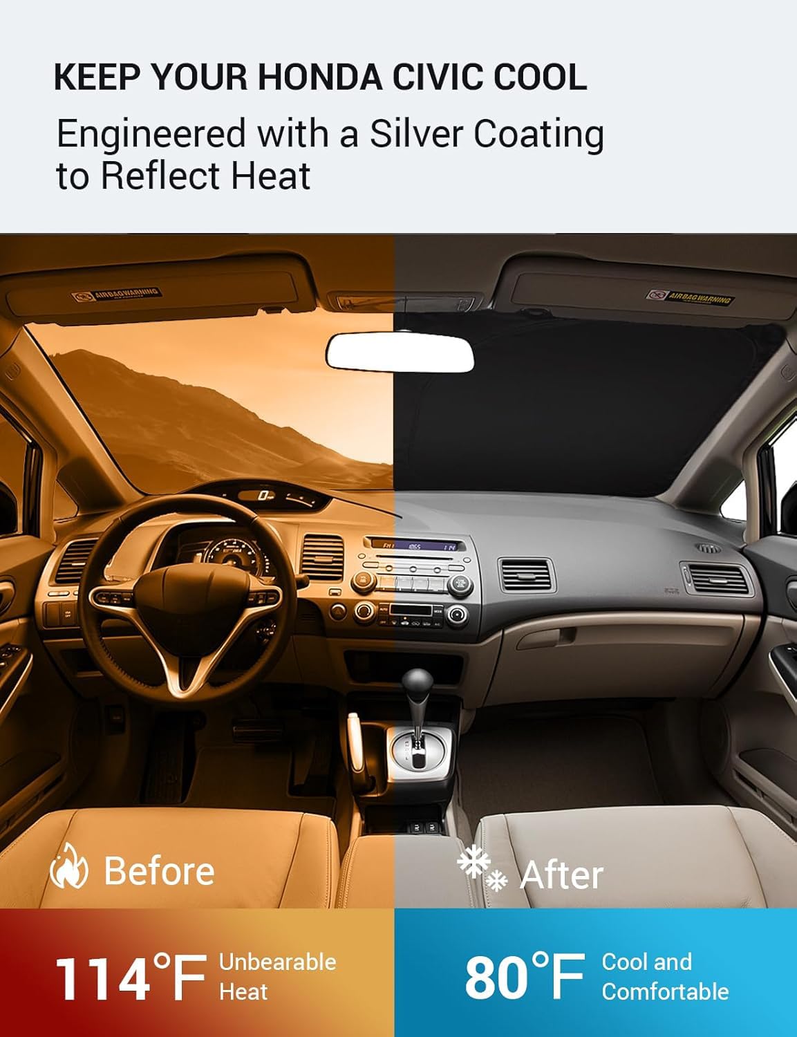 Proadsy 2025 Upgrade Windshield Sun Shade Custom Fit 2006-2011 Honda Civic Foldable Front Sunshade Protector Sun Visor Blocks Uv