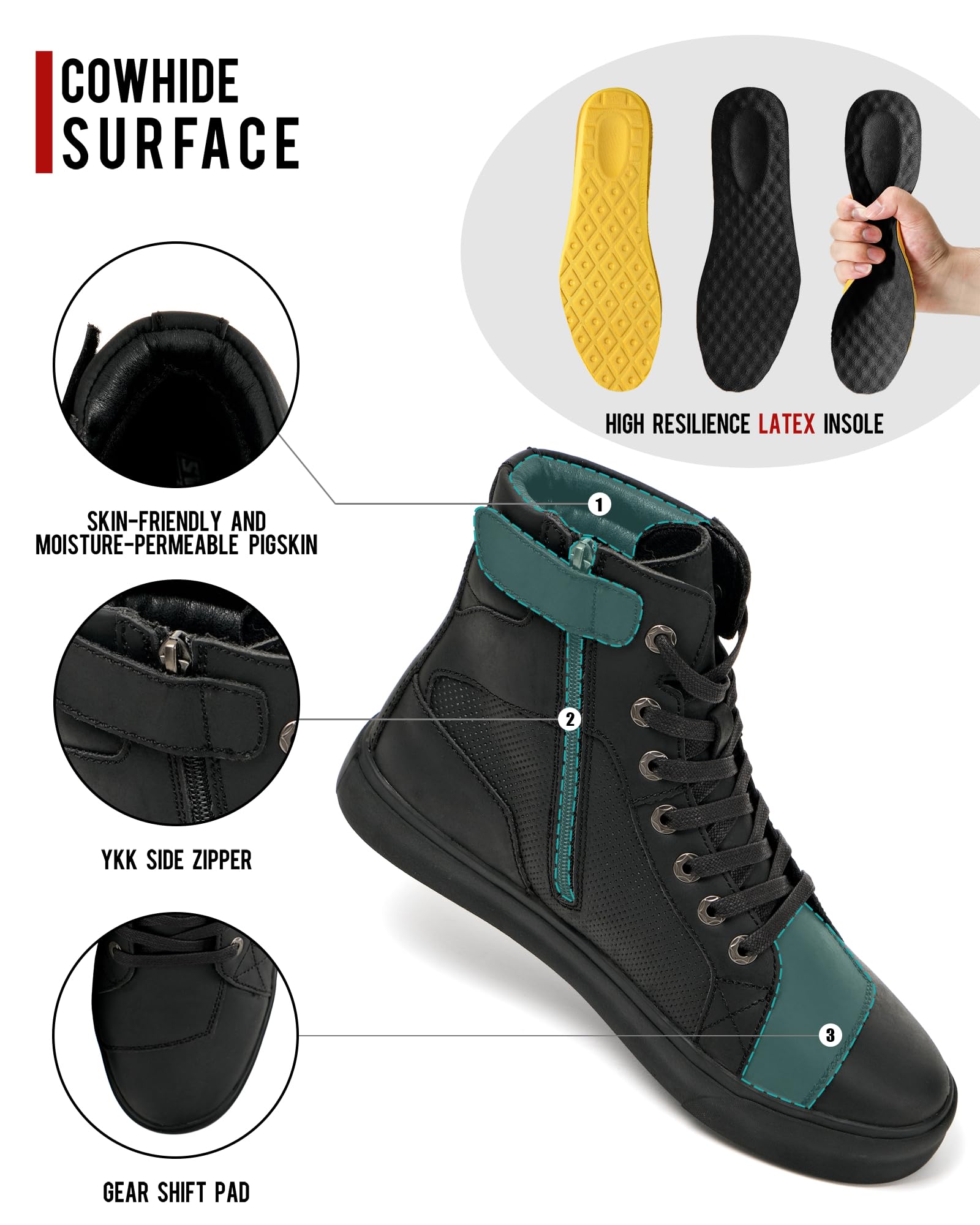 BORLEN Motorcycle Riding Shoes Cowhide Leather Breathable Casual Outdoor Street Motorcycle Boots for Men Black 12.5