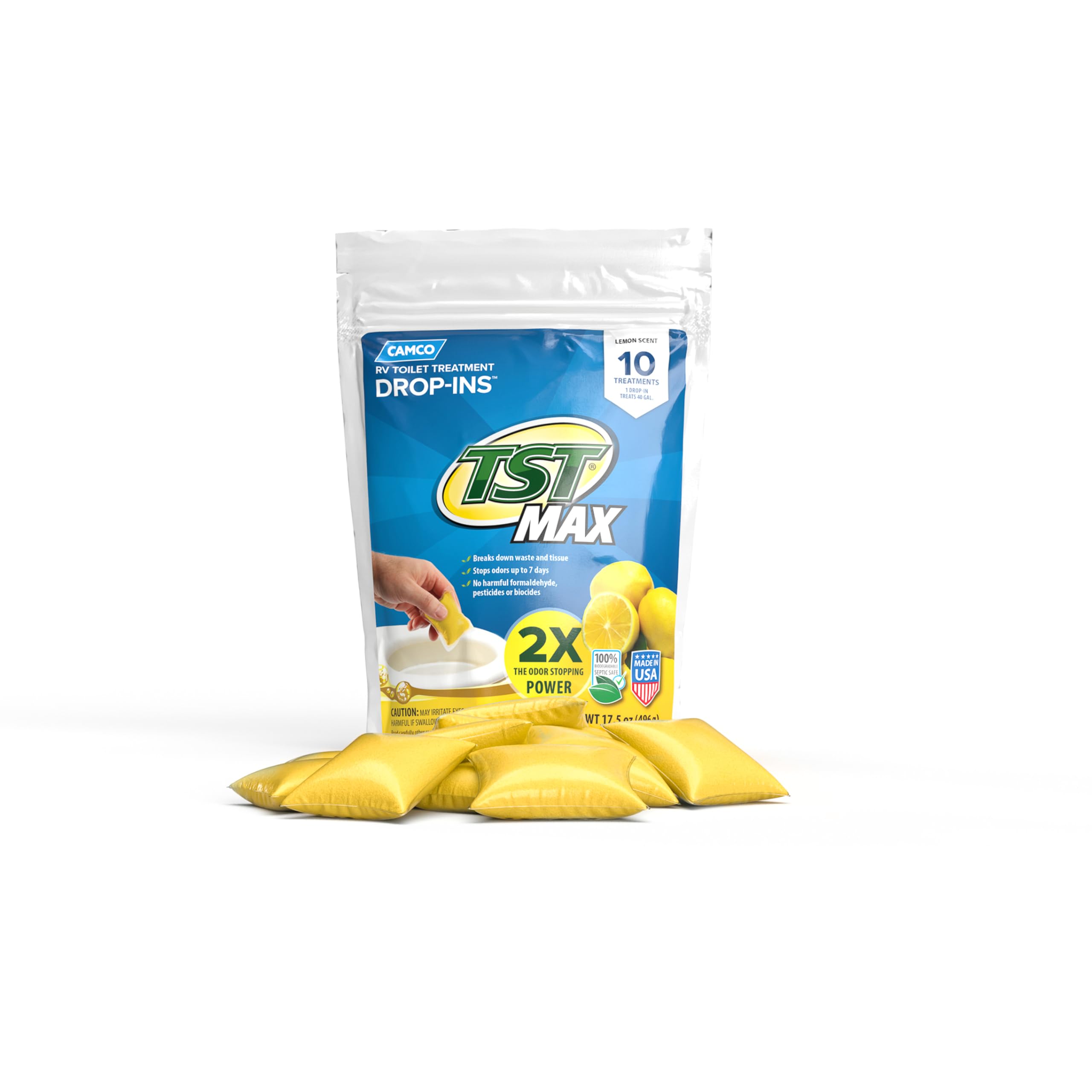 Camco Tst Max Rv Toilet Treatment Drop-Ins - Control Unwanted Odors And Break Down Waste And Tissue - Septic Tank Safe - Lemon S