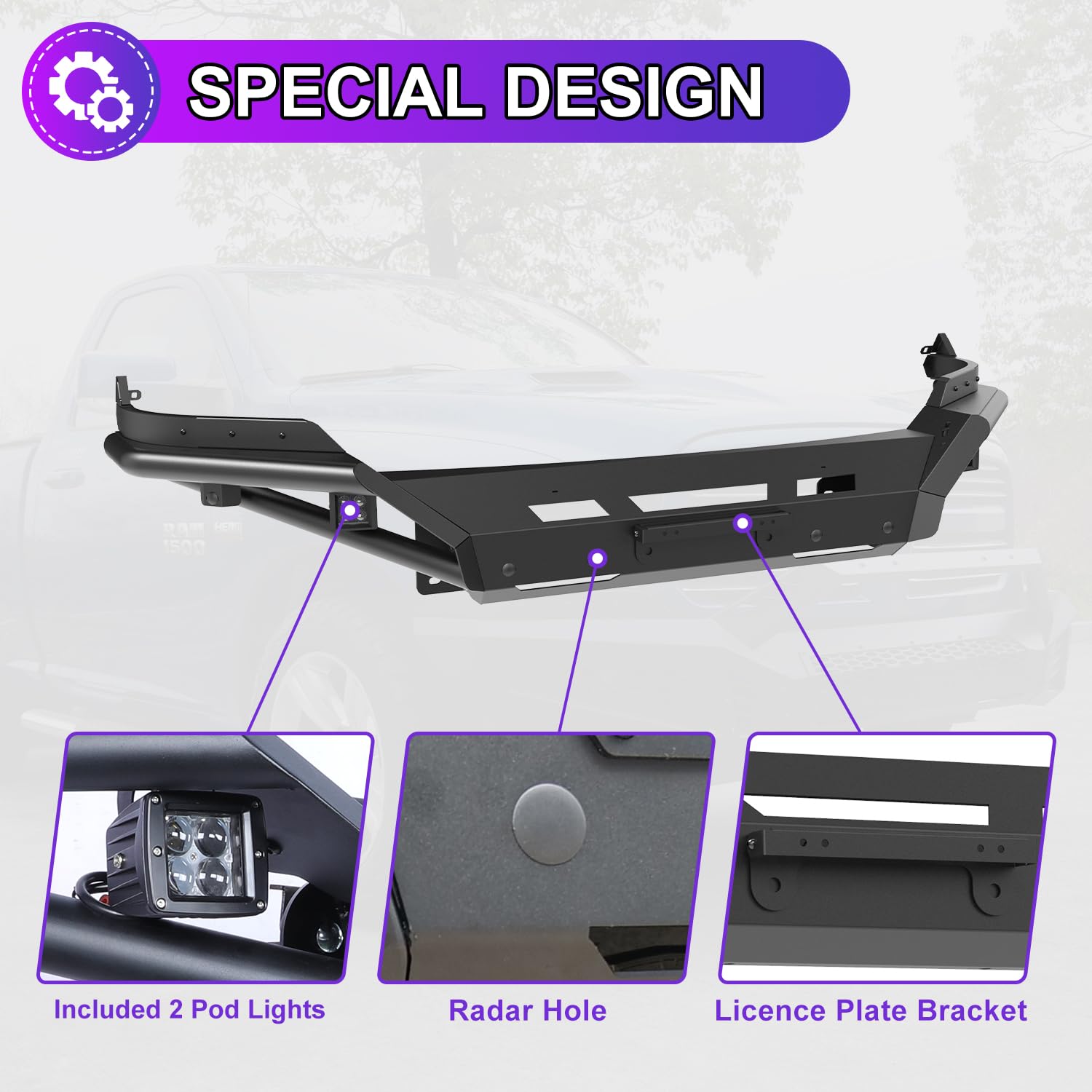 Nixon Offroad Heavy Duty Steel Front Bumper for 2013-2023 RAM 1500, LED Pod Lights, Style B, 2 PCS COMBO